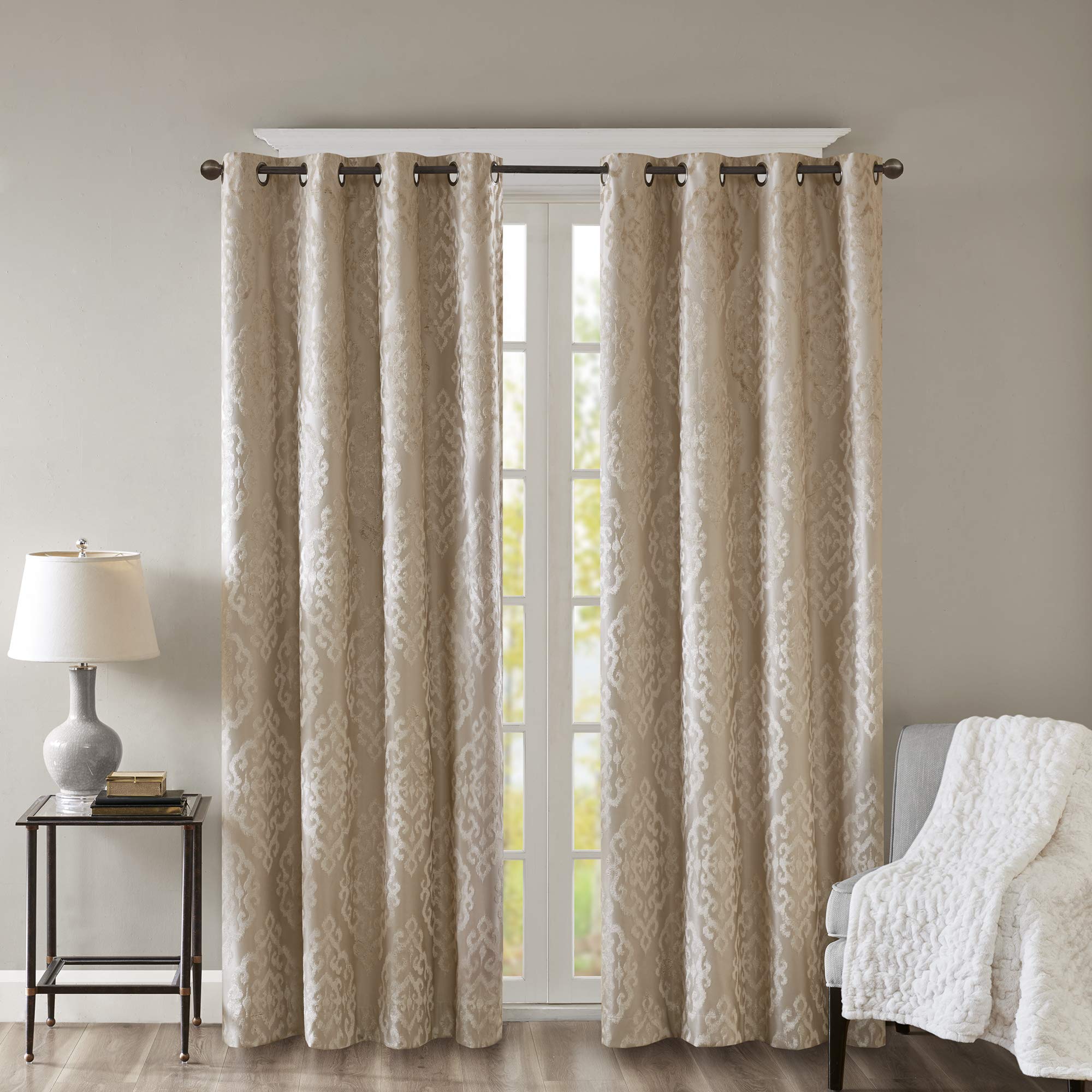 Sun Smart Mirage 100% Total Blackout Single Window Curtain, Knitted Jacquard Damask Room Darkening Curtain Panel with Grommet Top 50 x 95 in, ChampangeOEKO-TEX STANDARD 100