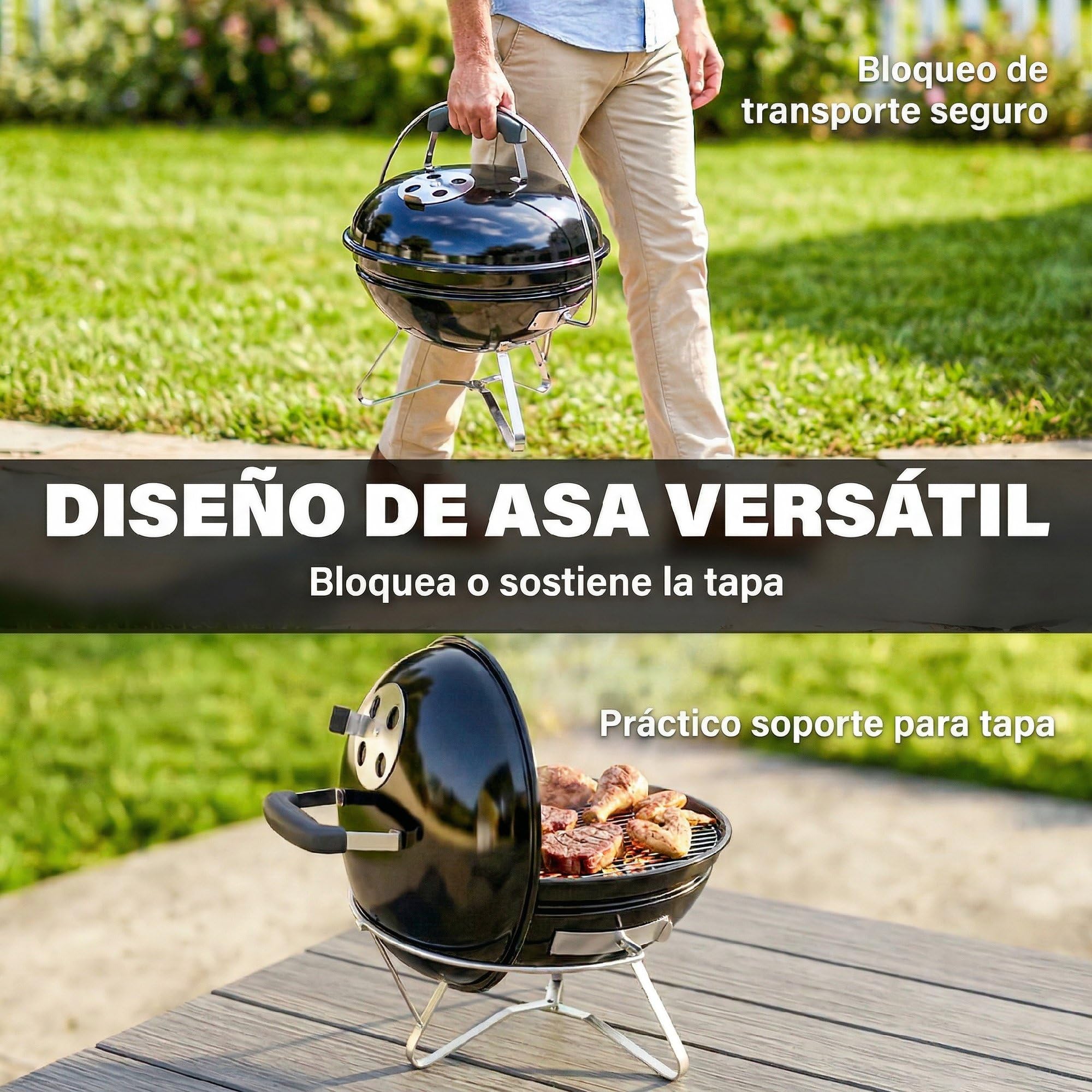 Outsunny Barbacoa de Carbón Portátil, Barbacoa de Carbón Redonda, Tapa con Soporte, Rejilla, Ventilación Ajustable, para Balcón, Picnic, Camping, Ø41x44 cm, Negro