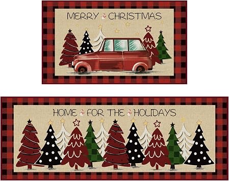 Christmas Kitchen Mats for Floor, 2 PCS Non-slip Bottom Kitchen Rugs, Red