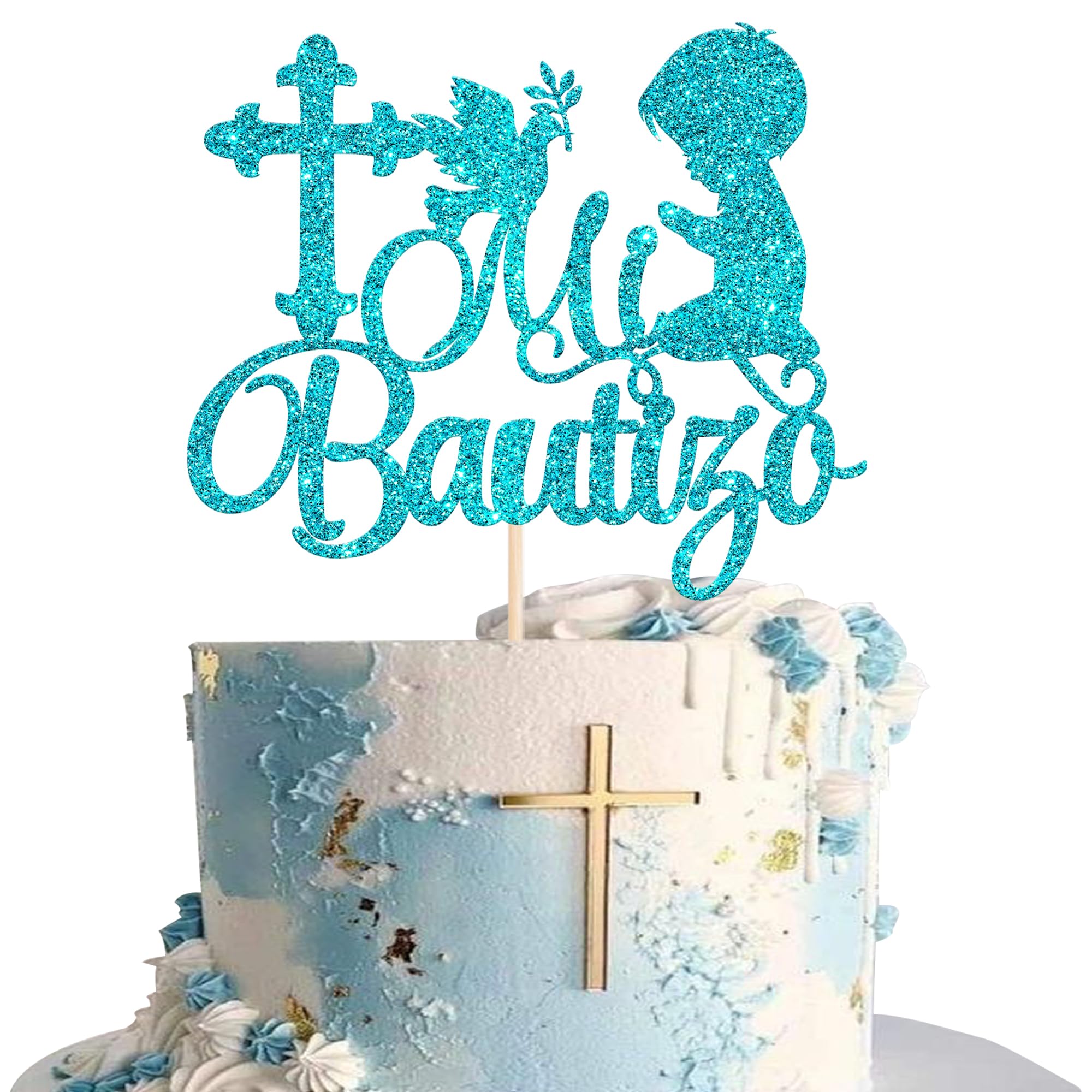 Xsstarmi 1 Pack Spanish Mi Bautizo Cake Topper First Holy Communion Baptism Cake Pick Decorations for Religious God Bless Boy Baptism Baby Shower Party Cake Decoration Blue