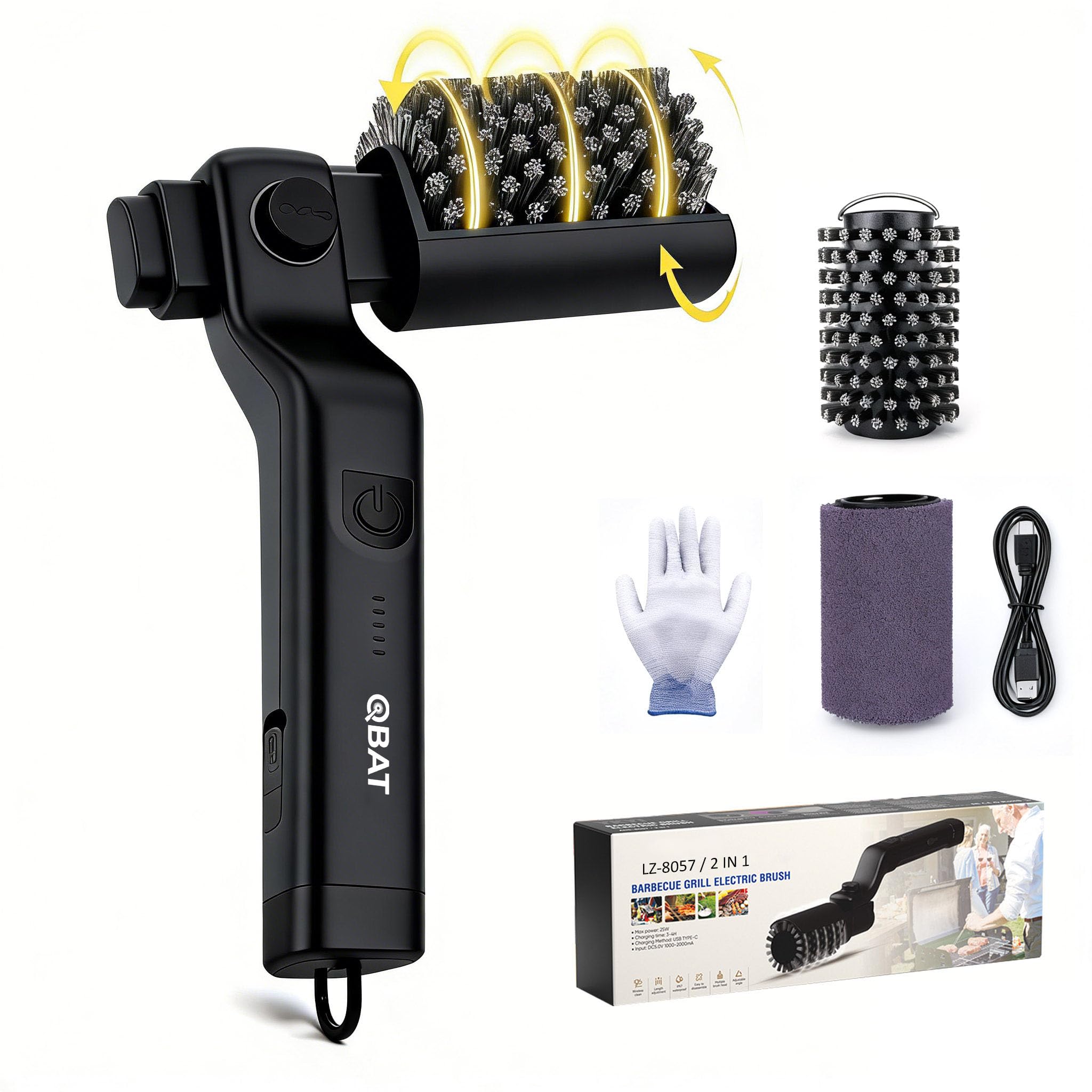 Brosse de nettoyage électrique pour gril alimentée par batterie – Tête réglable à 180°, moteur à 3 vitesses, autonomie de 90 min, étanche, têtes de brosse en acier inoxydable et nylon pour grille