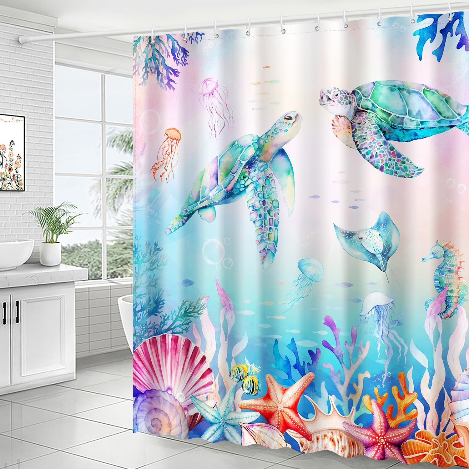 JWXCBIM Colorful Sea Turtles Shower Curtain, Ocean Nautical Bathroom Shower Curtain Decorative Set, Waterproof Polyester Fabric Bath Curtain with 12 Hooks 72x72 inches