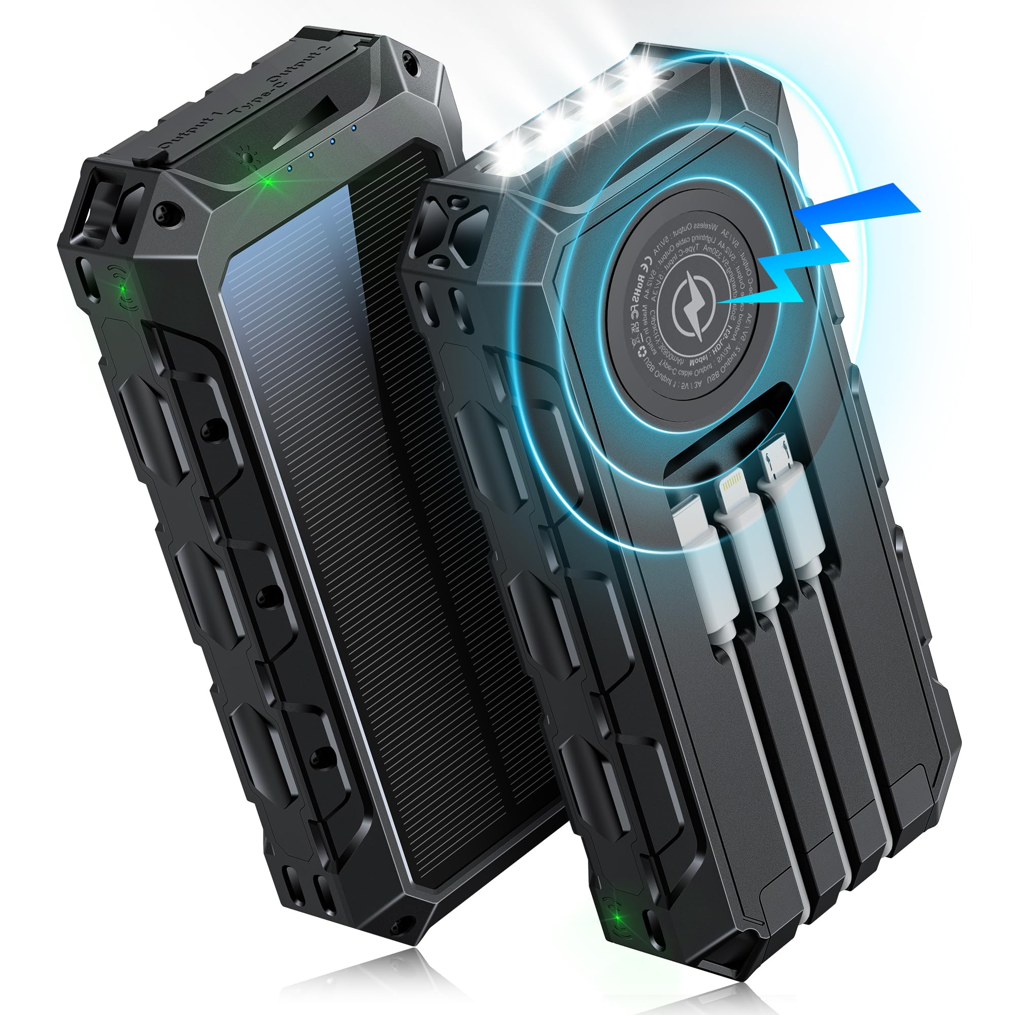 Power Bank 26800 mAh Powerbank Inalámbrico, Cargador Rápido Portátil con Cable Integrado, 7 Salidas/2 Entradas, Banco de Energía Solar con Linterna / Indicador LED, Batería Externa para Smartphones