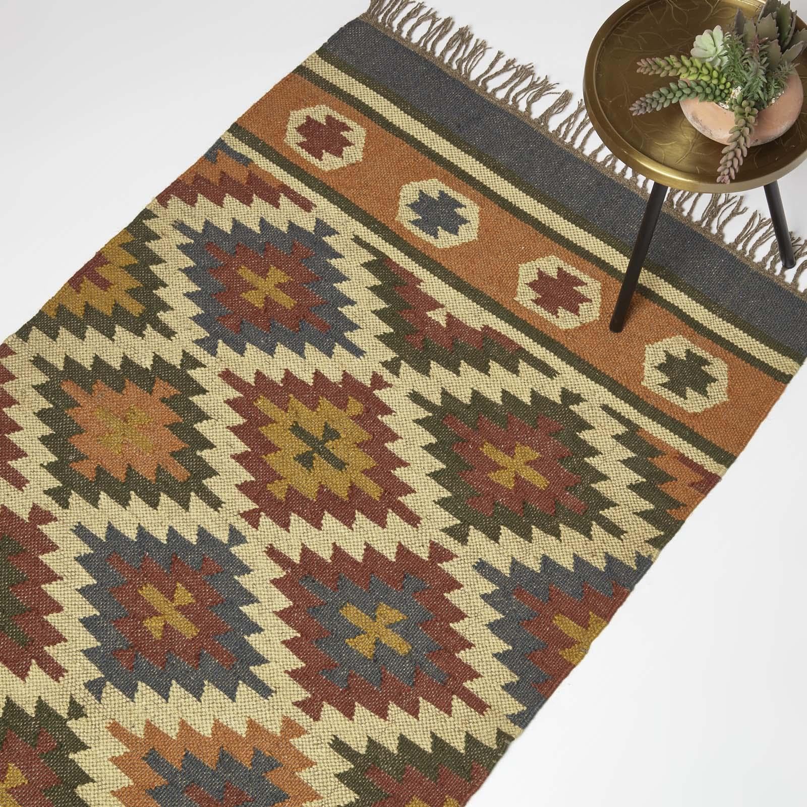 HOMESCAPES Tapis Kilim en Jute et Laine, Tapis Multicolore Lucea, Tapis de Salon Artisanal 160x230 cm