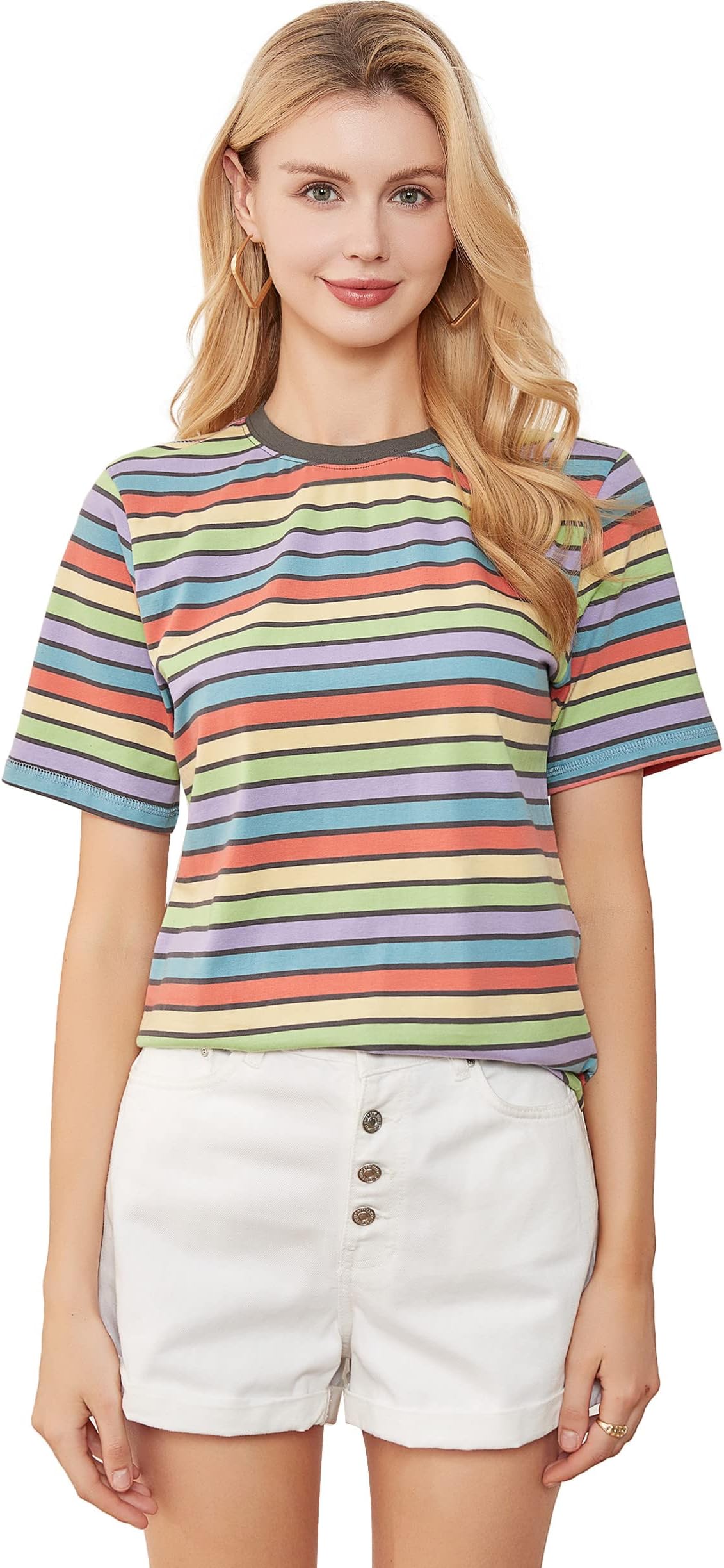 VEIISARWomens Crew Neck T Shirt Colorful Stripes Tee Tops