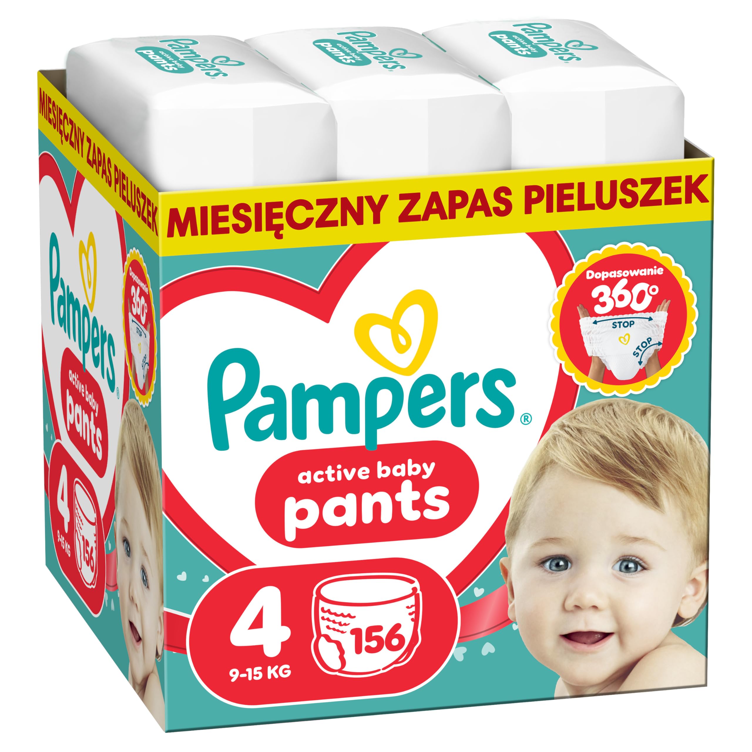 Pampers Active Baby Pieluchomajtki Rozmiar 4, 156 szt., 9kg-15kg, nawet 100% suchości w nocy i optymalny komfort skóry