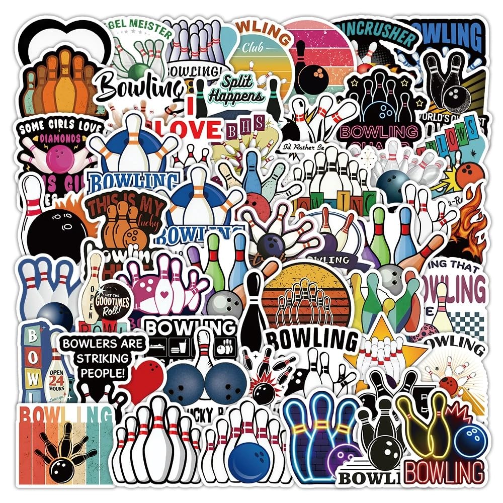 50 PCS Bowling Stickers,Life Bowling Sticker Pack Vinyl Skateboard Guitar Door Laptop Luggage Car Bike Water Bottle Birthday Party Supplies Teens Boys and Girls Decals