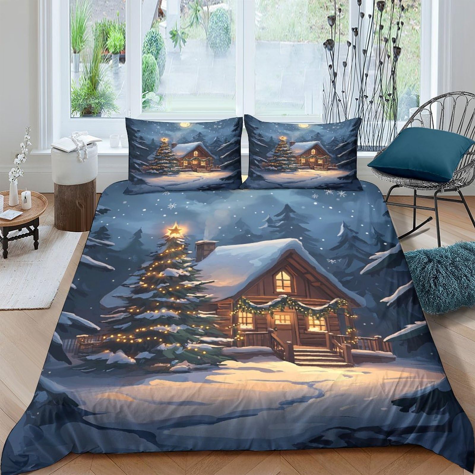 Ctjqhvkz Style-5 3D Printed Winter Cabin Fitted Sheet Microfiber Christmas Tree Bed Cover For Bedroom Guest Room Decor Protection Single（135X200cm）