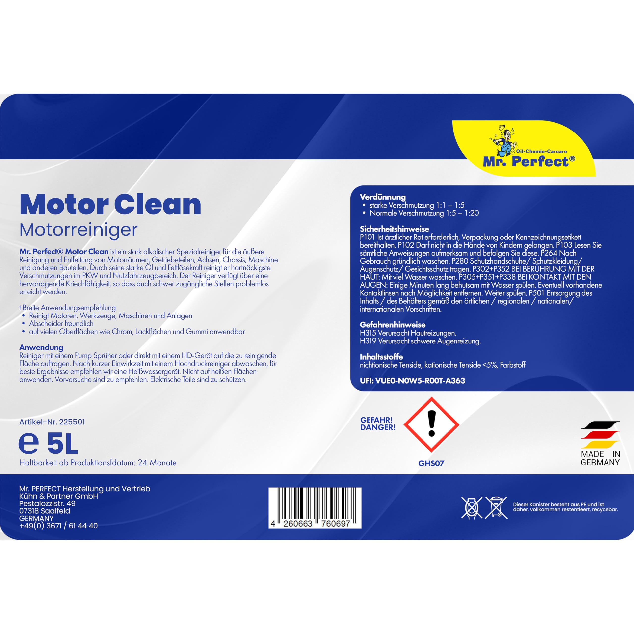 Mr. Perfect® Motorstar, 4 x 5L - Nettoyant pour moteurs, système et équipements, nettoyant de pièces pour enlever l'huile, la graisse, la suie