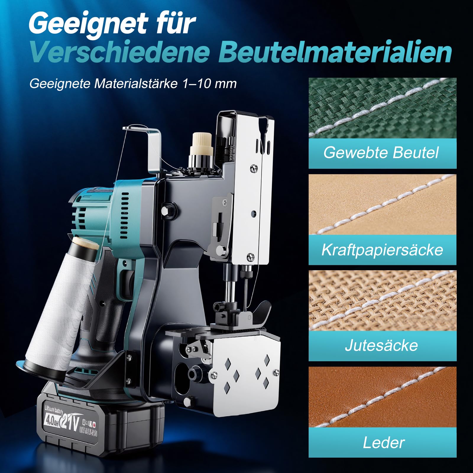 Yofuly Elektrische Sacknähmaschine Kompatibel mit Makita 18V Akku, Tragbare Nähmaschine mit 2 * 4.0Ah Akku, Nähstärke 0.1–10mm mit Automatischem, Handnähmaschine für Sandsack,Gewebesack,Getreidesack