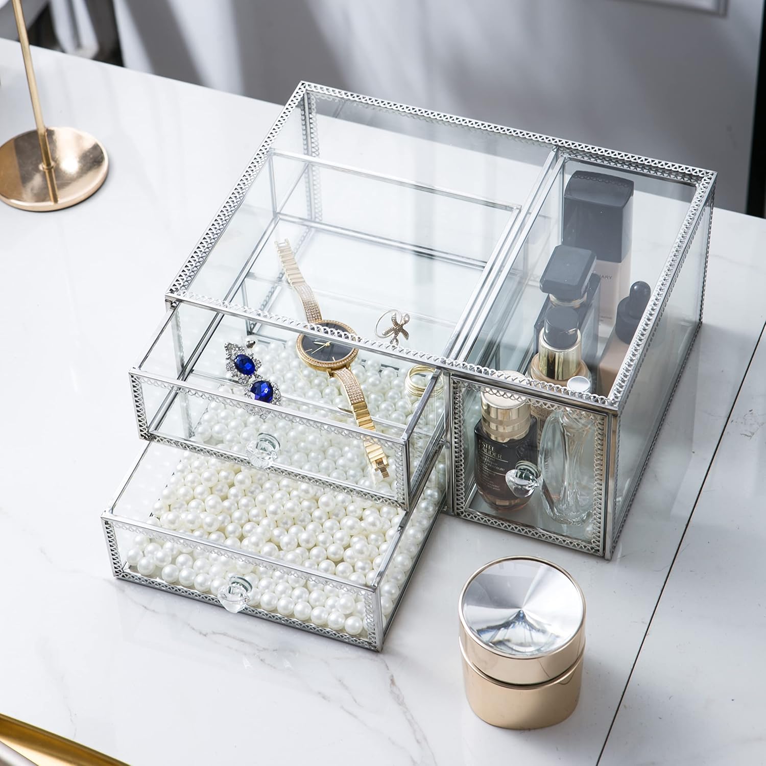 Vellon Vintage Glass Jewelry Box with Drawers, Makeup Desktop Organizer Drawer, Cosmetic Storage, Glass Box for Bracelet/Necklace/Ring/Cosmetic, Keepsake Box