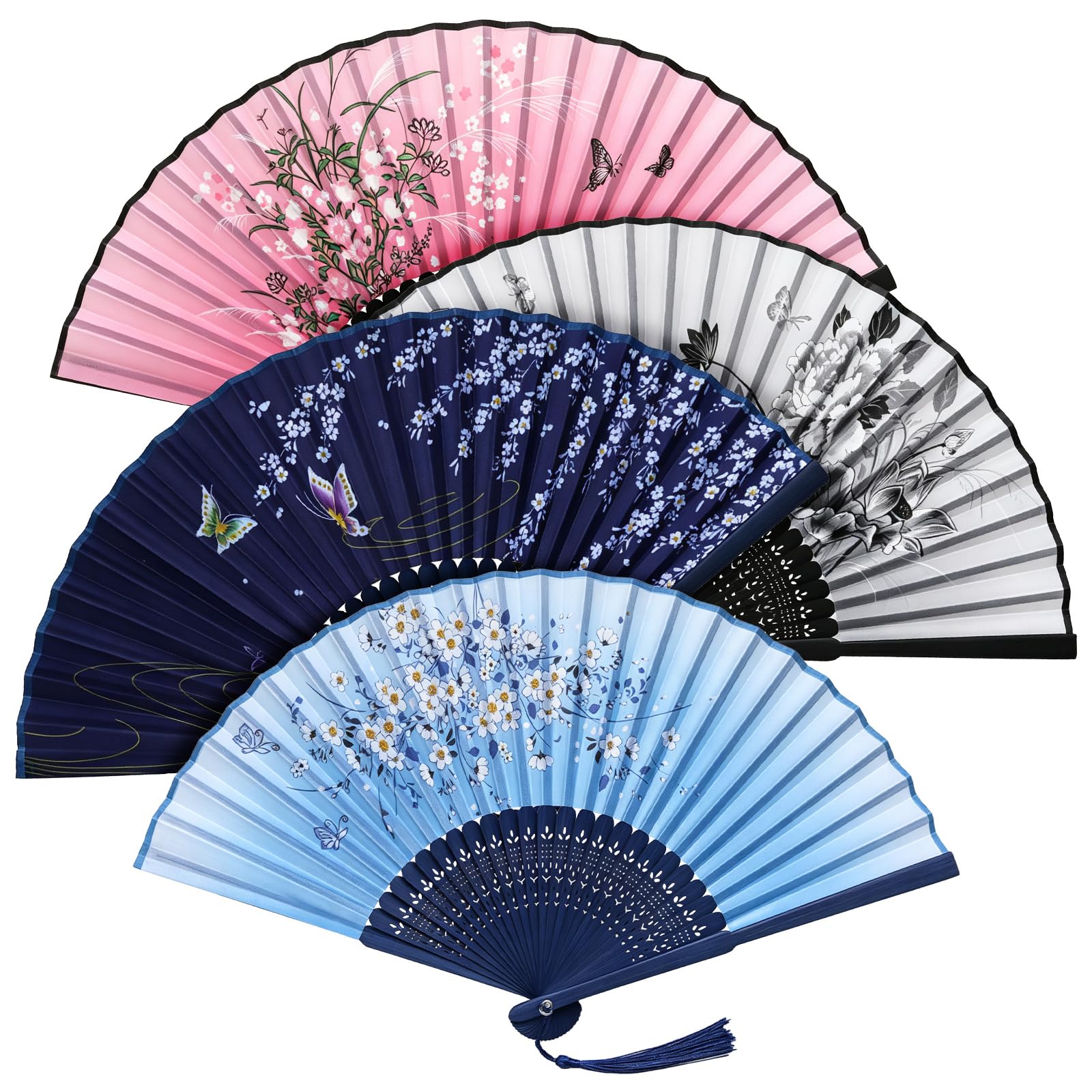 4 Pcs Silk Folding Hand Fans with Hollow Bamboo Frame (Style C)