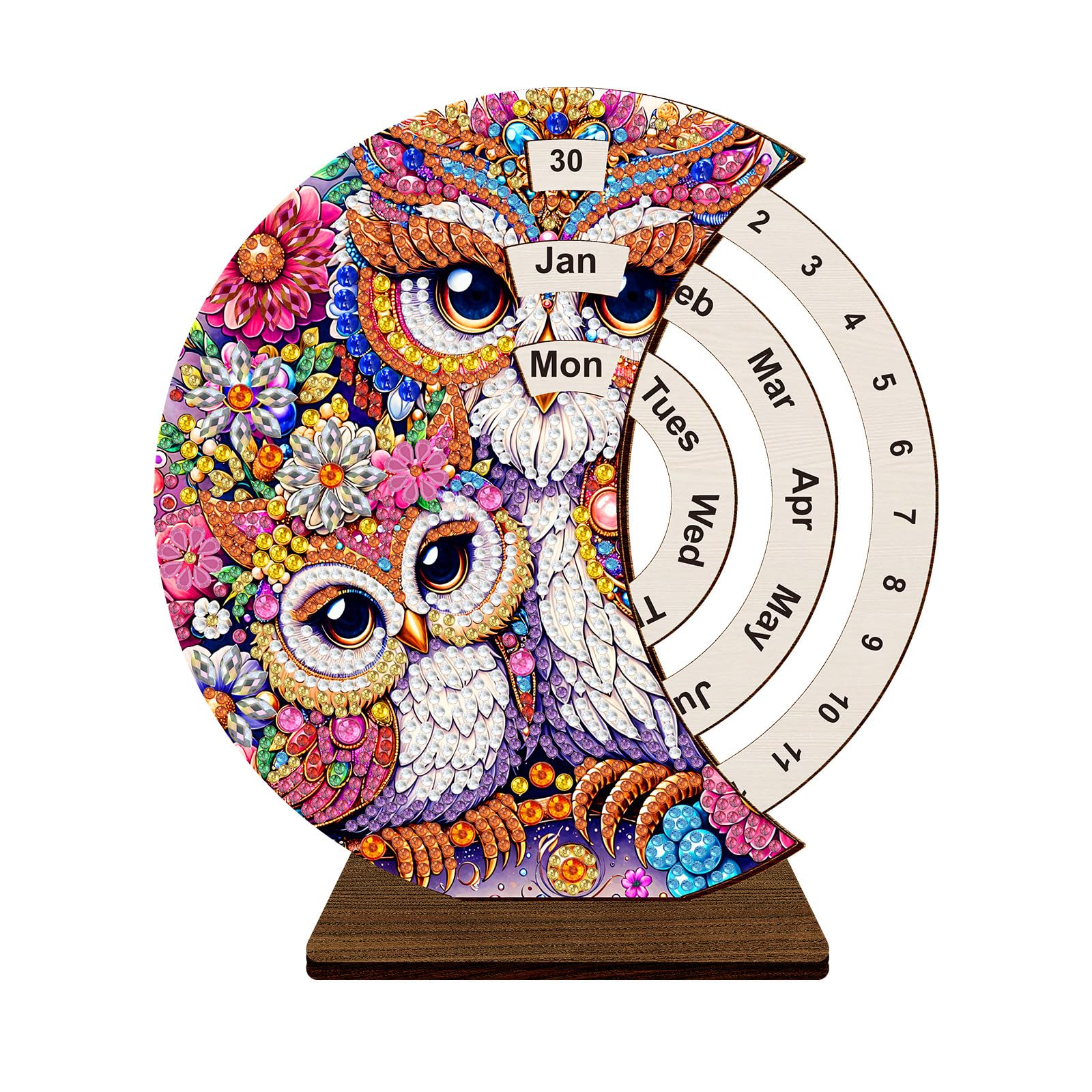 Lebartm DIY Diamond Perpetual Calendar Diamond Art Painting Wooden Manual Rotating Calendar Ornament Desk Round Perpetual Calendar Single Sided Diamond Tabletop Ornaments for Home Decor-Owl