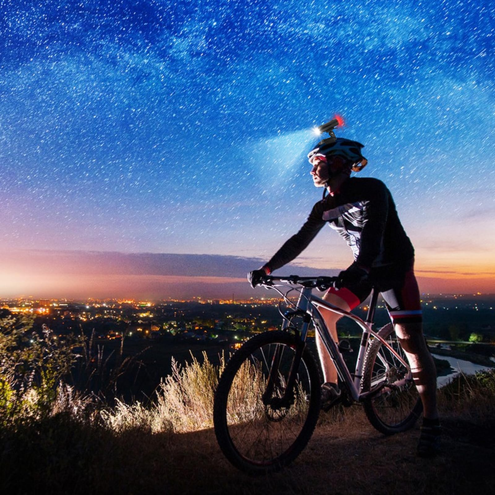 Lot de 2 éclairages pour casque de vélo, double éclairage avant et arrière pour casque de vélo, lampe torche portable rechargeable par USB, 5 niveaux de gradation, avertissement à 360° pour