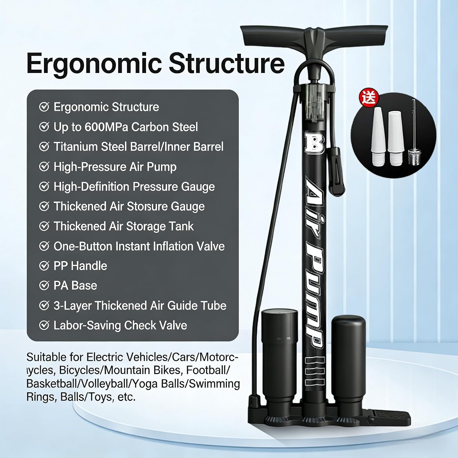Portable Floor Bike Pump with Dual Presta & Schrader Valves, Ball Needles Included, Bicycle Air Pump for Bike Tires & Balls