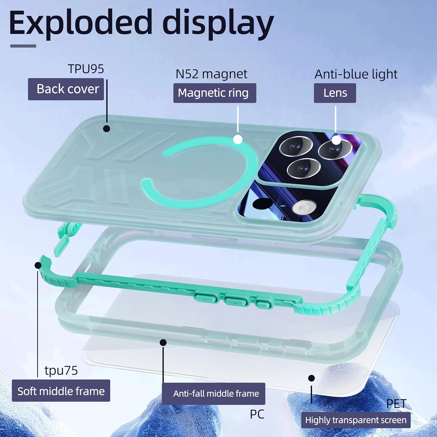 for iPhone 17 Pro 6.3’’ Clear Frosted Matte Waterproof Case with Built-in Screen Camera Lens Protector, Underwater Swimming Snorkeling Protective Phone Cover, Teal Green Side