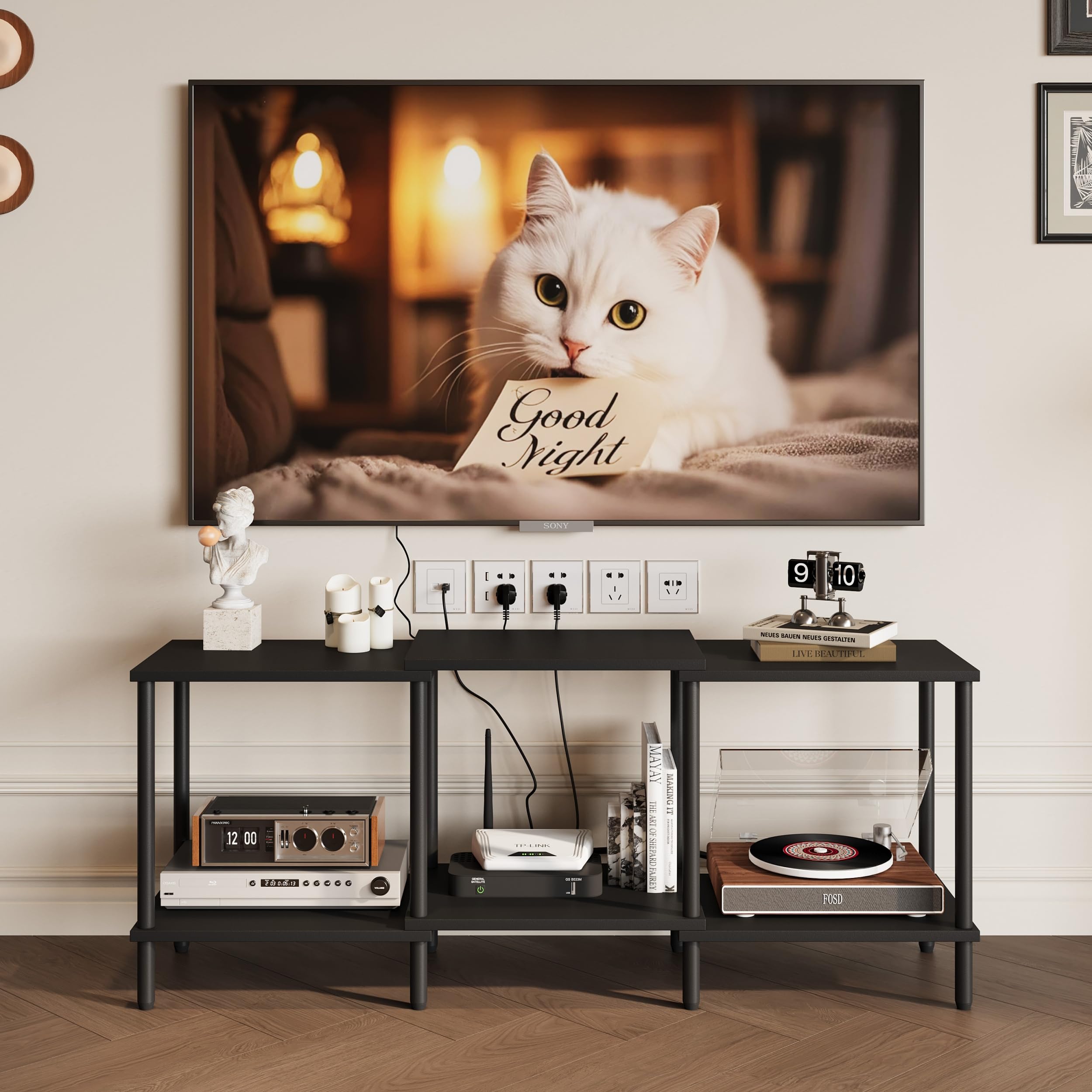 TV Schrank TV Board Sideboard Fernsehtisch aus Holz 2 Ebenen offene Fächer für Wohnzimmer und Schlafzimmer Schwarz LTS107BK