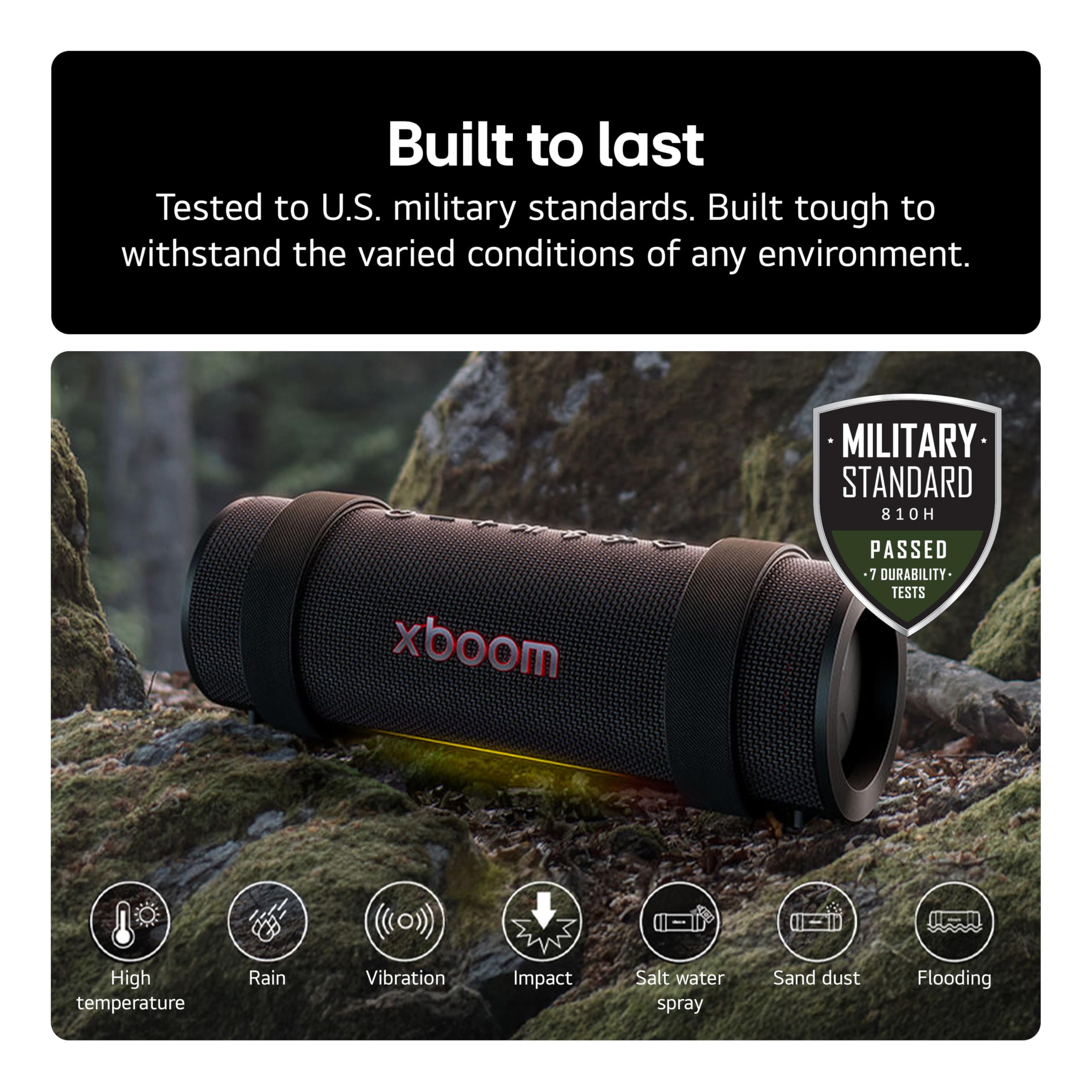 LG xboom Grab by will.i.am, xboom Signature Sound, przenośny głośnik Bluetooth, do 20 godzin odtwarzania, odporność na kurz i wodę IP67, trwałość MIL-STD 810H, regulowany pasek do noszenia