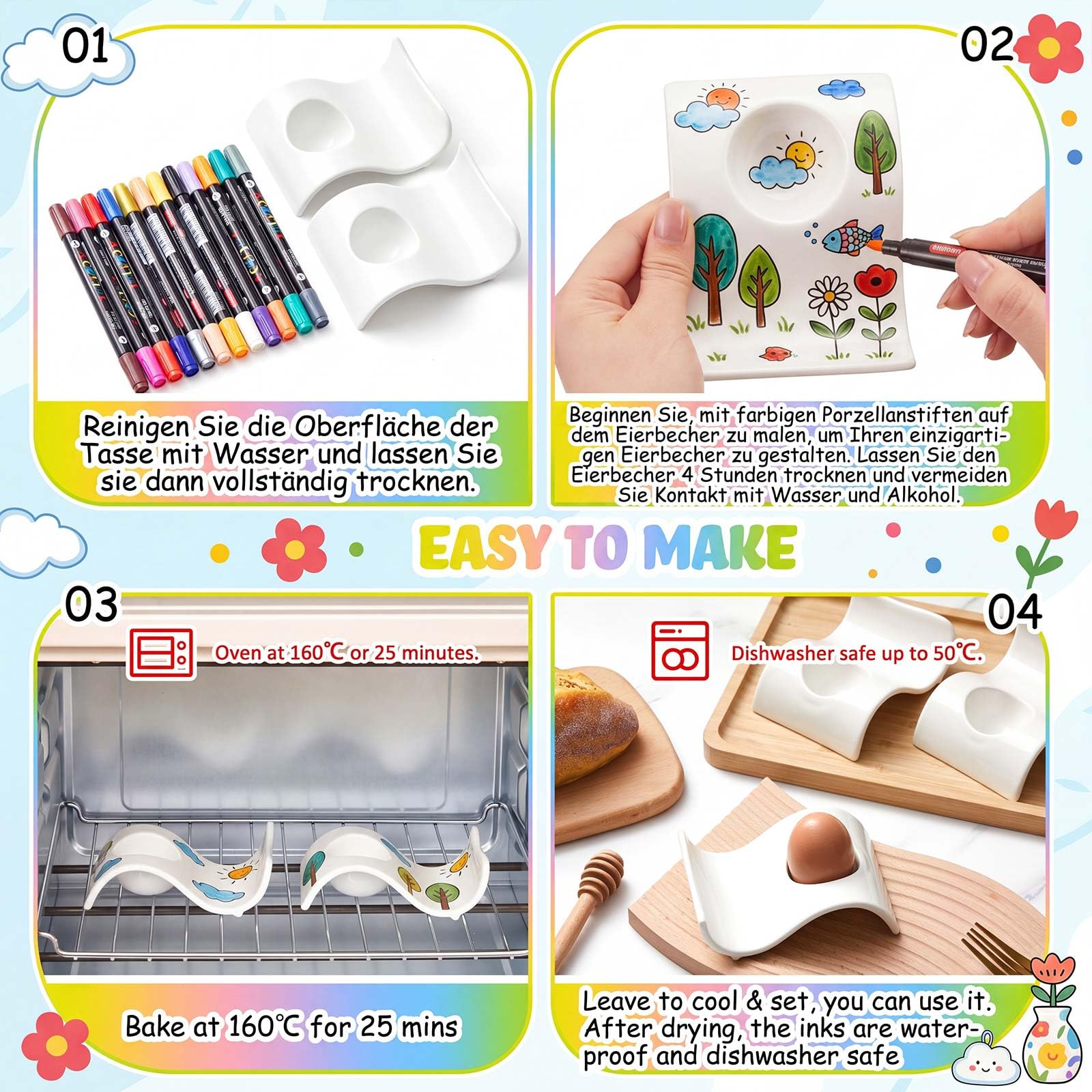 Sinmoe 6 Coquetier Oeuf en Ceramique Peindre Votre Propr Coquetier avec 12 Pièces 24 Couleurs Stylo en Porcelaine et Boîte de Cadeau Support pour Œuf à la Coque pour DIY Cadeau Pâques Anniversaire