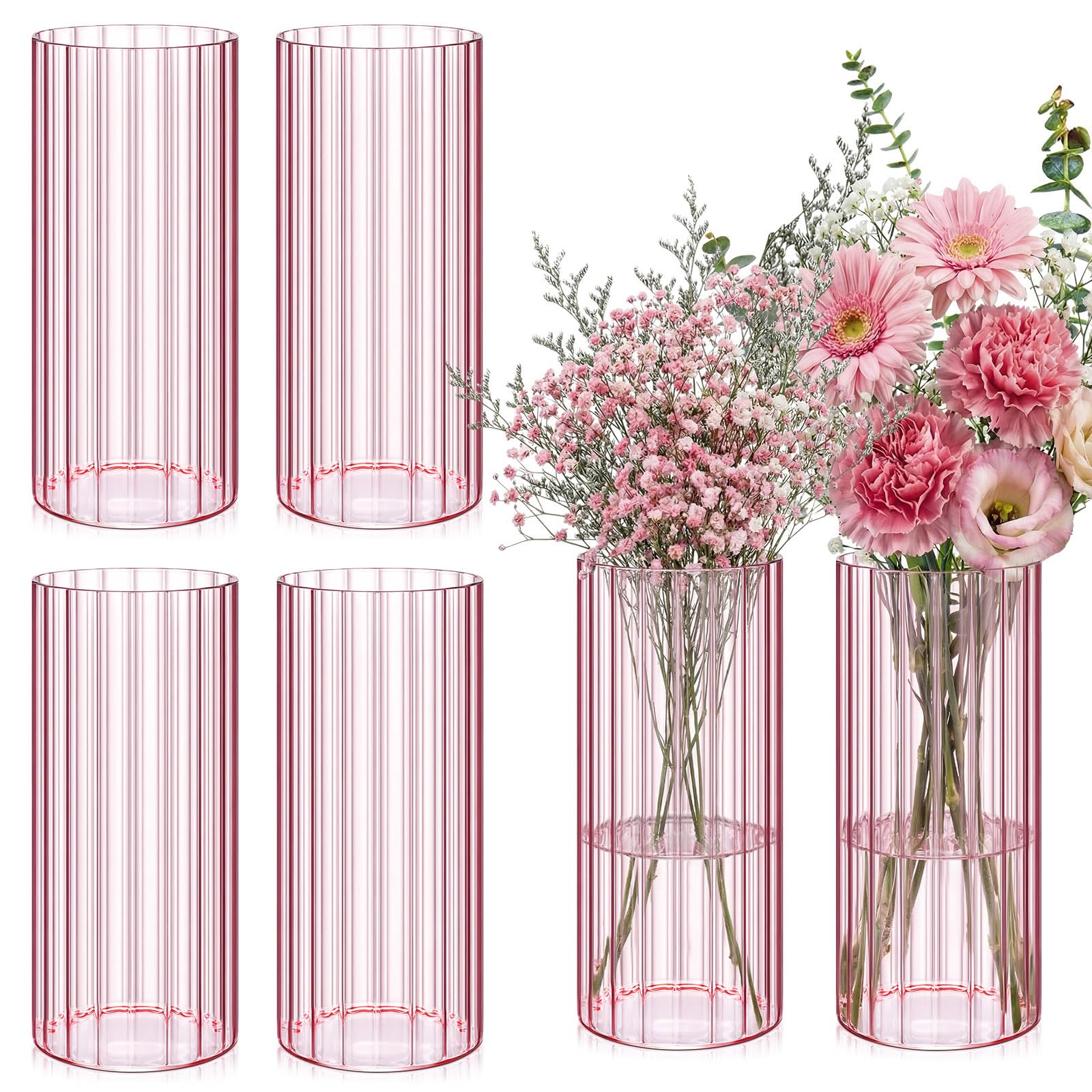 Photo 1 of Ninehaoou 6 Pack 8 Inch Tall Ribbed Glass Cylinder Vases Bulk, Clear Pink Decorative Flower Vases for Wedding, Table Centerpieces, Housewarming Gift Home Decor Set