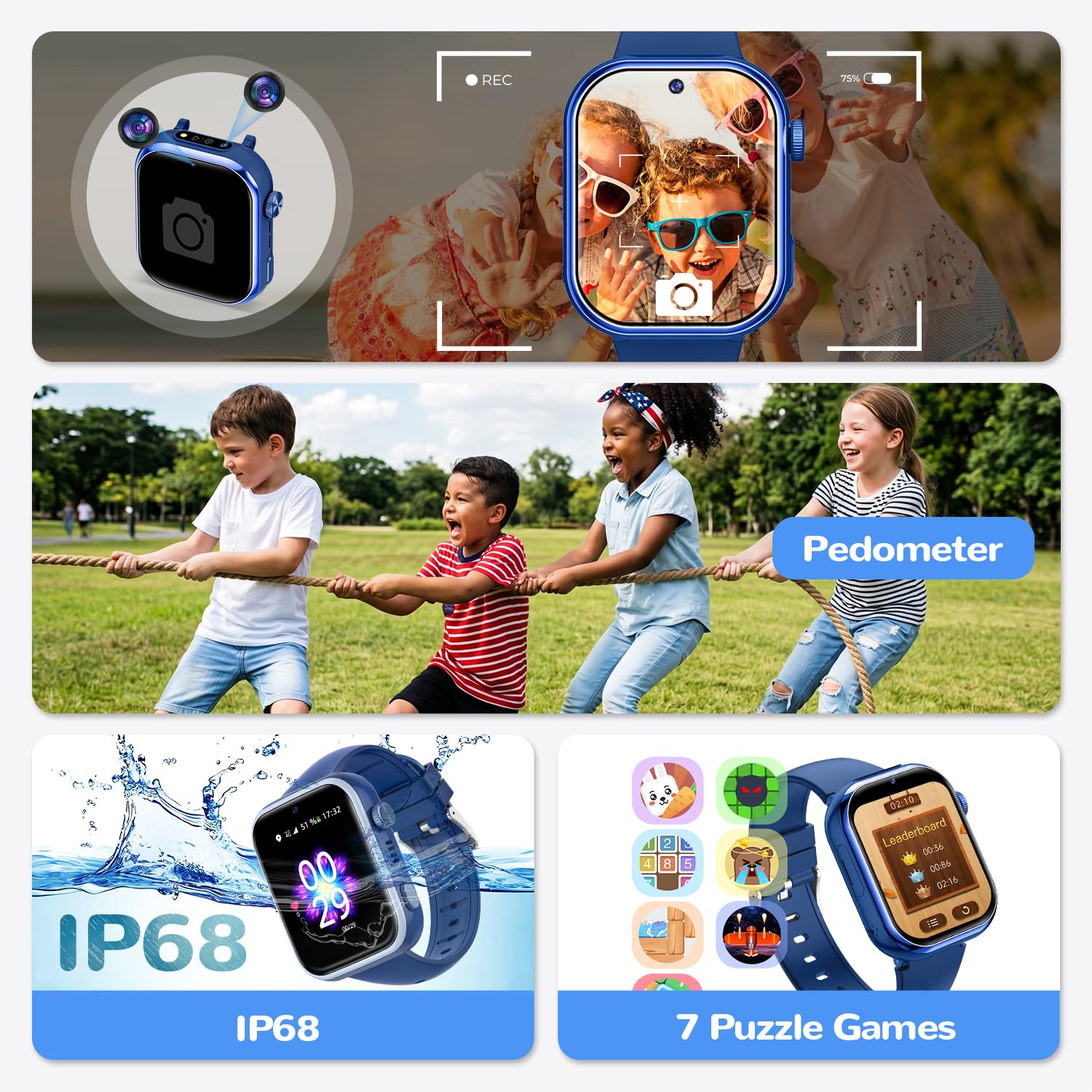 Smartwatch Kinder mit GPS und Telefon, SIM, Videoanrufe, SOS, Blau | Telefonanruf, Taschenlampe, Sprachchat, Schulmodu, Schlafmonitor, SMS, IP68, Wecker, Schrittzähler, Kinderuhr, Mädchen Jungen
