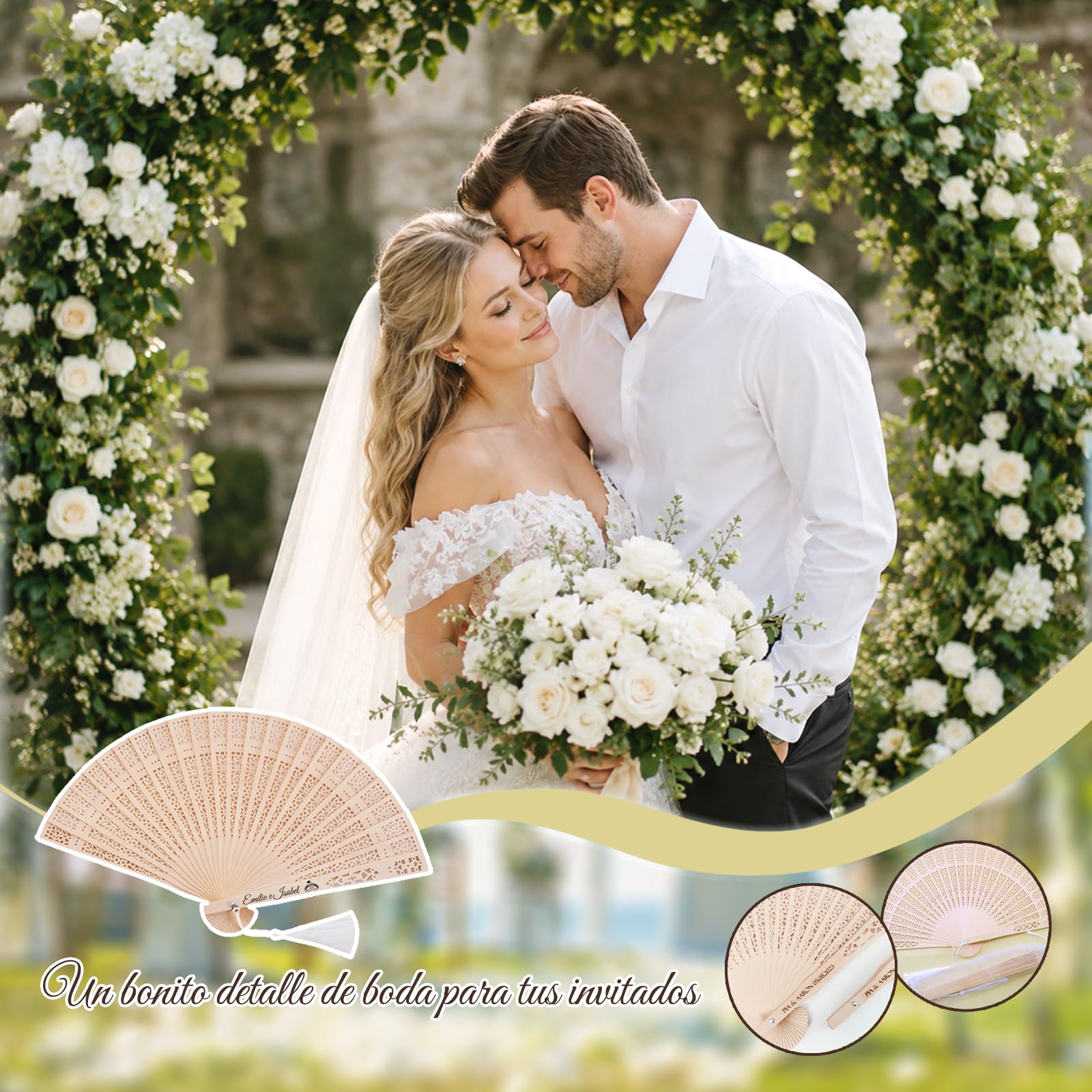 Abanicos Personalizados de Madera para Boda, Plegables con Nombre y Fecha, Detalles para Invitados, Recuerdos para Bautizos, Eventos y Fiestas (100)