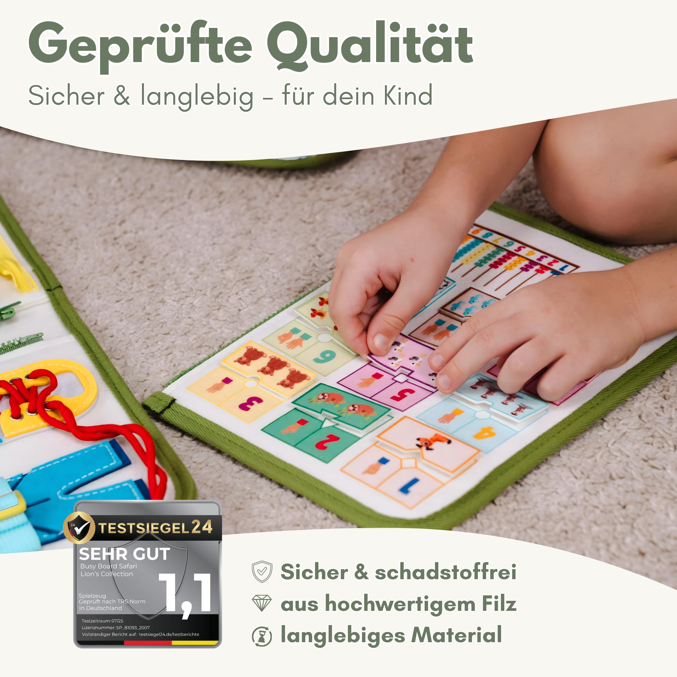 Lion's Collection Busy Board Alemán – Montessori Juguete a partir de 3 años para promover la motricidad y la creatividad – Busy Book & Quiet Book en 6 páginas