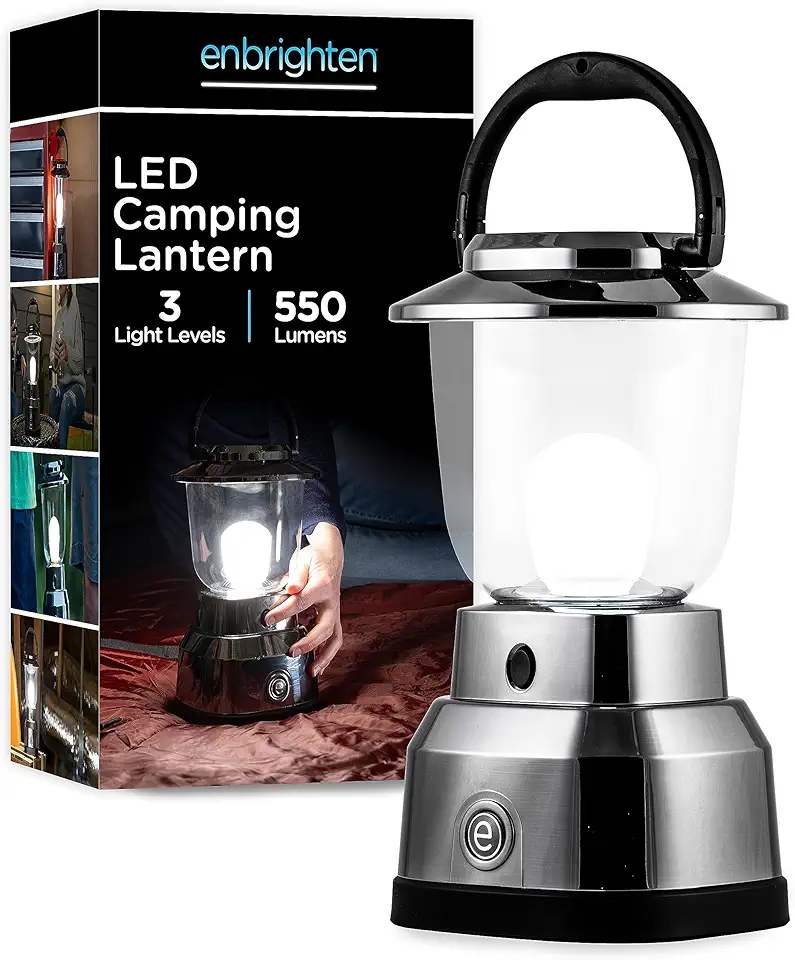 Enbrighten Brushed Nickel LED Camping Lantern, Battery Powered, 550 Lumens, 280 Hour Runtime, Carabiner Handle, Hiking Gear, Emergency Light, Blackout, Storm, Hurricane, 14210