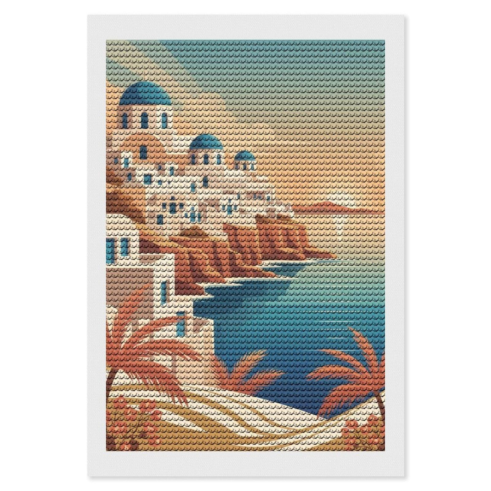 Junmoney Santorini Greece Coastal View Diamond Art Kit 8"x12", Modern Decor, for Adults, Printed Canvas, Holiday Gift Idea, Fun Craft Experience