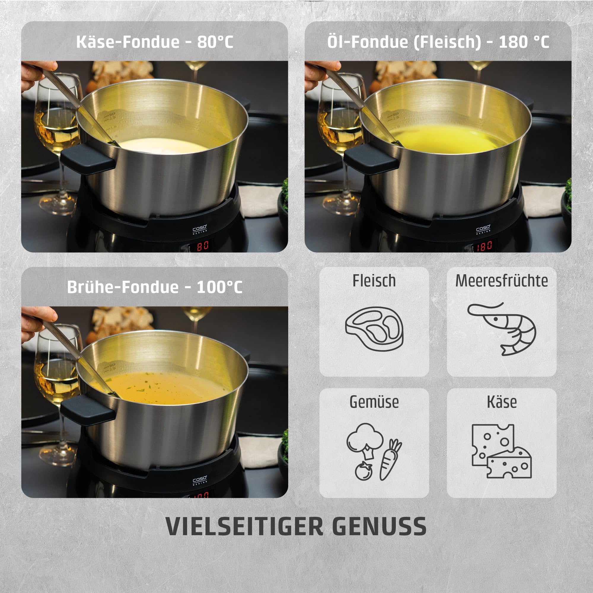 CASO Induktions FonDue - für 8 Personen, Temperatureinstellung von 60 bis 240 °C, gleichmäßige Erwärmung durch hochwertigen Fonduetopf