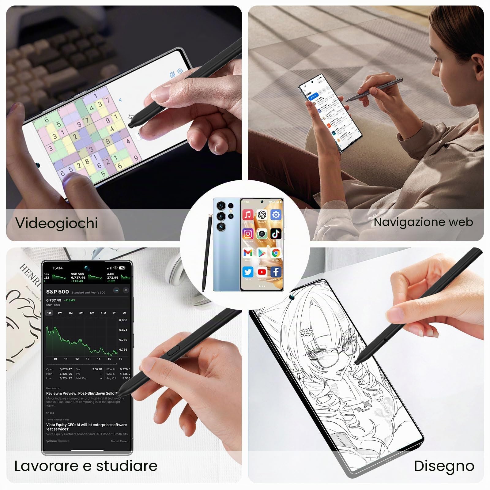 Smartphone HD da 6,8 Pollici con Penna, Telefono Grande Schermo 4G Sbloccato, Riconoscimento facciale/Doppia Scheda SIM/3800 mAh, Telefono Ultra-Sottile Auricolare Bluetooth Incluso