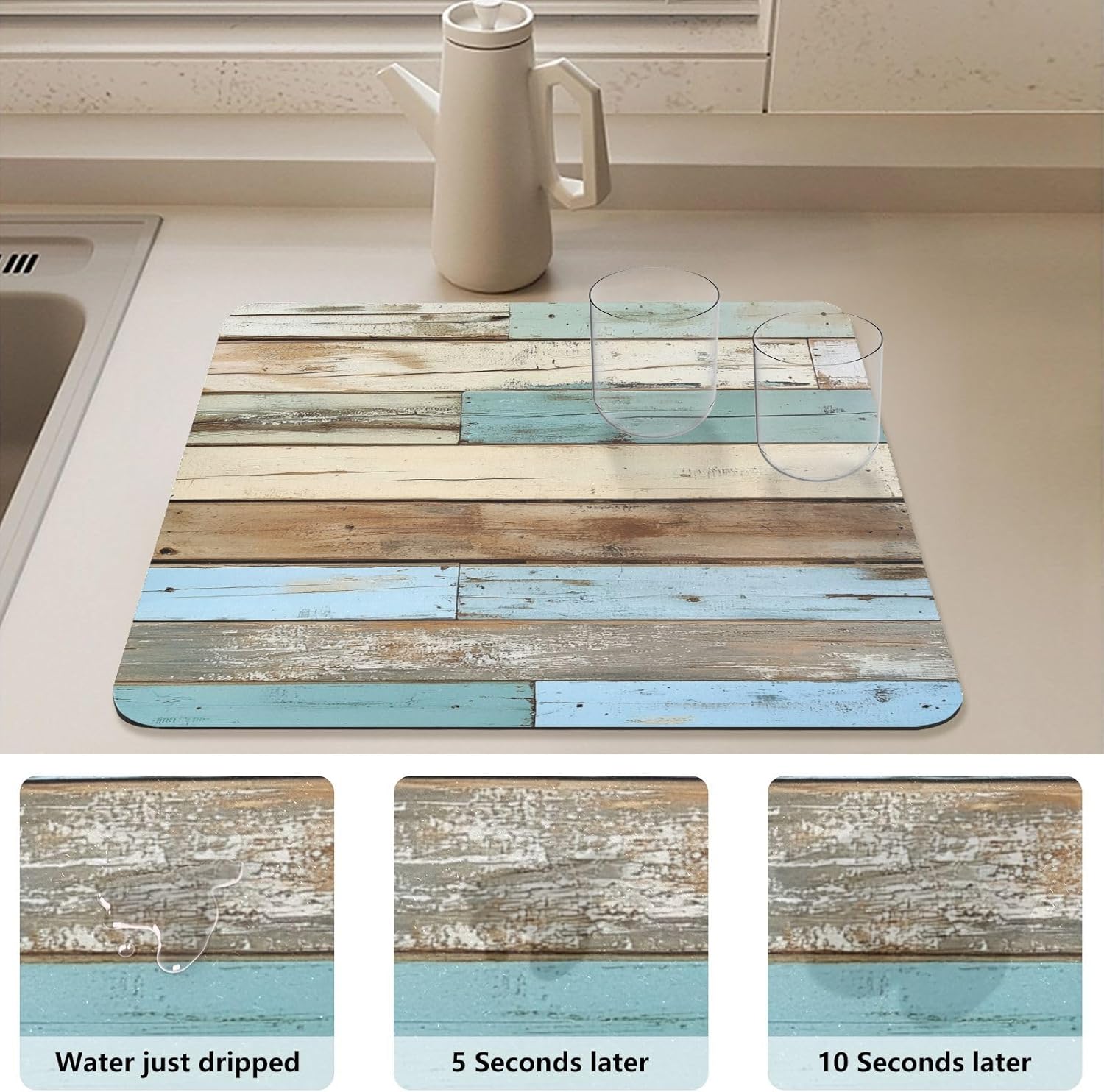 Dish Drying Mat for Kitchen Counter Wood Grain Splicing Absorbent Coffee Bar Mat Dish Drainer Rack Mat Drainer Pad Washable Foldable Ultra Absorbent Dry Mat 23.6" X 19.7"