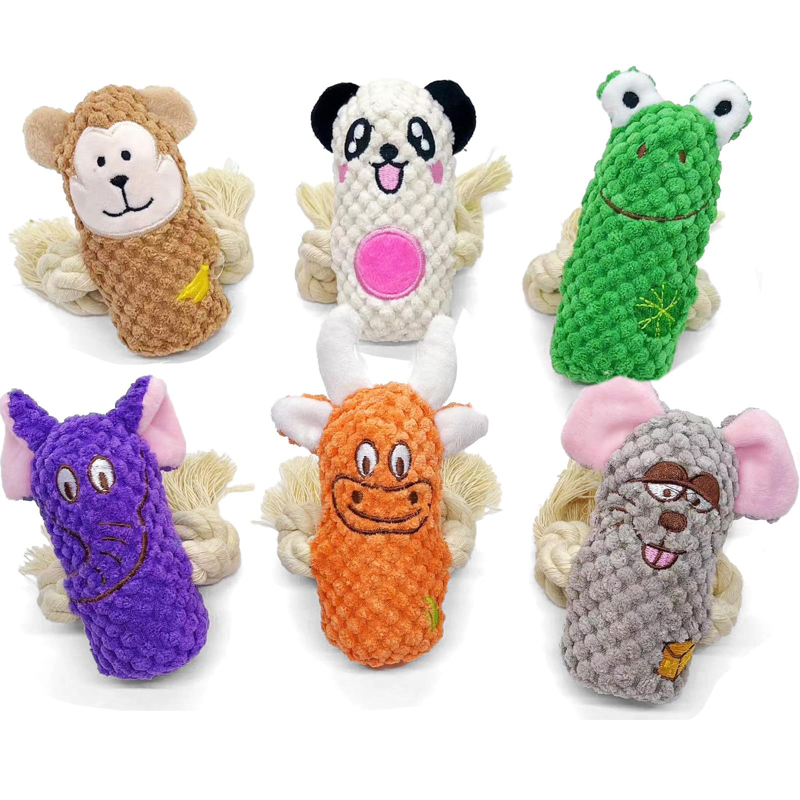 AIMETING Cute Animal Squeak Dog Toys, No Stuffing Plush Toys, Durable Cotton Rope Chew Toys for Puppy and Small, Medium Dogs, 6 Pack