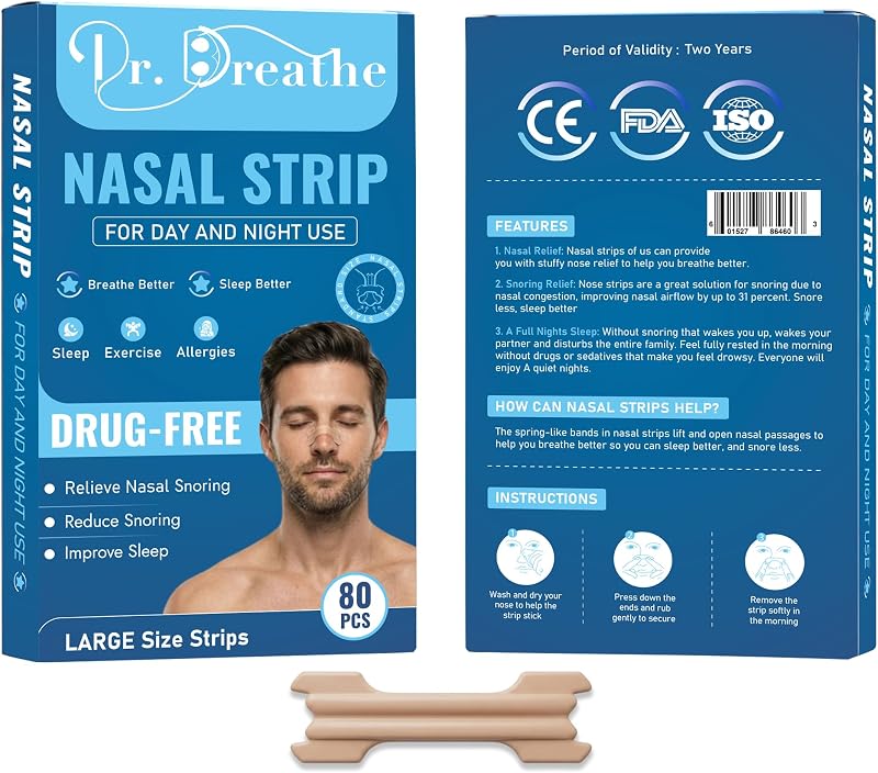 Extra-Strength Nasal Strips for Sports & Snoring Relief, Large Size, 80 Count – Drug-Free Anti Snoring Aid, Helps Open Blocked Nose & Relieve Nasal Congestion for Better Breathing & Sleep