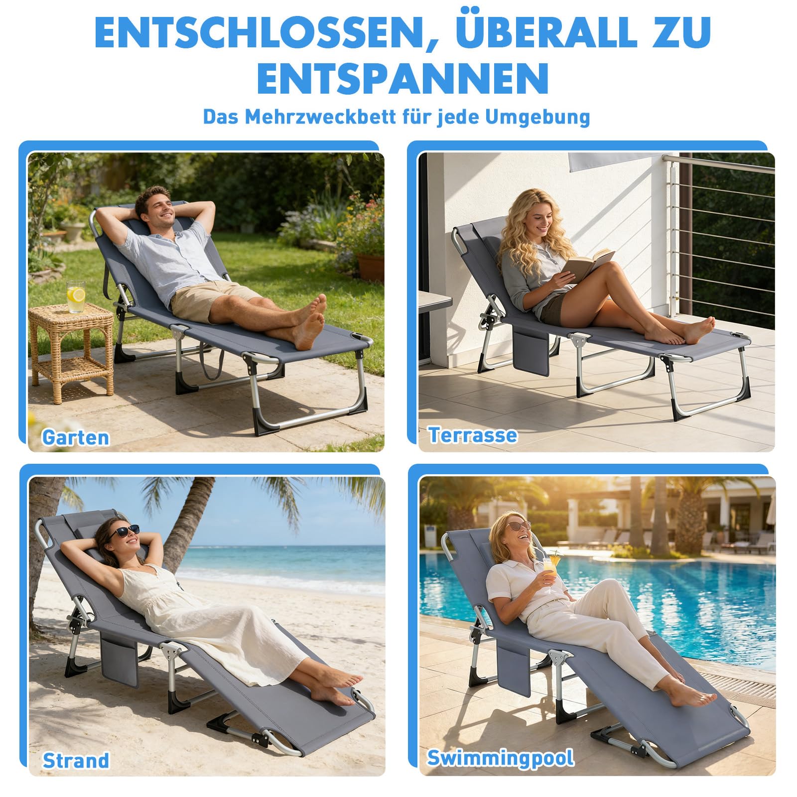 Huracan Sonnenliege Klappbar, Breiterer Liegestuhl mit Gesichtsöffnung & abnehmbaren Kissen, Gartenliege mit 3-stufig Verstellbarer Rückenlehne, Strandliege Relaxliege für Garten Strand, Anthrazit