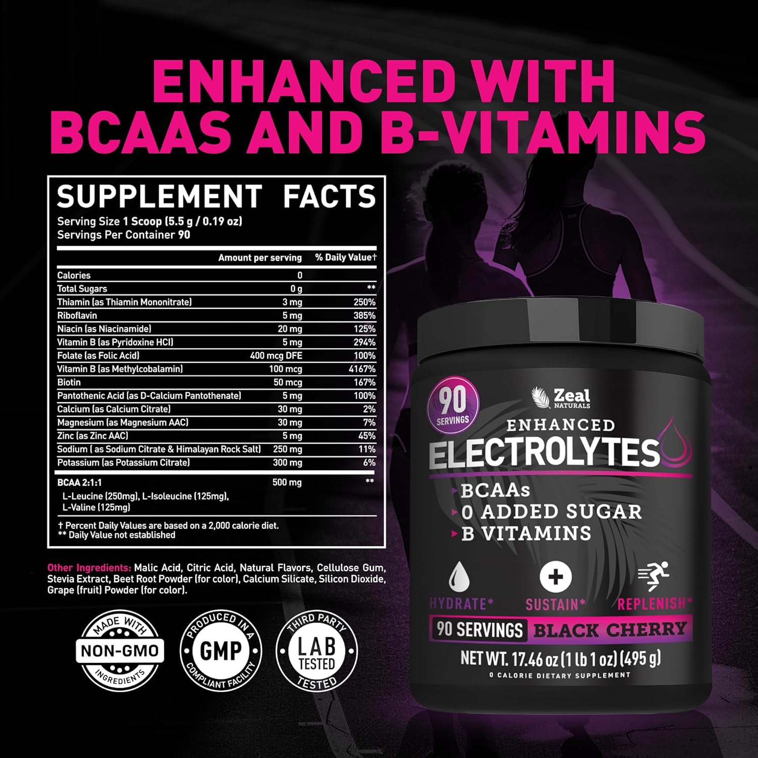 Zeal Electrolyte Powder - 90 Servings | Keto Electrolytes Powder | Zero Sugar, BCAAs, B-Vitamins | Potassium, Zinc, Magnesium | Hydration Powder Recovery Drink | Black Cherry