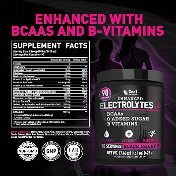Zeal Naturals Electrolyte Powder - 90 Servings | Keto Electrolytes Powder | Zero Sugar, BCAAs, B-Vitamins | Potassium, Zinc, Magnesium | Hydration Powder Recovery Drink | Black Cherry