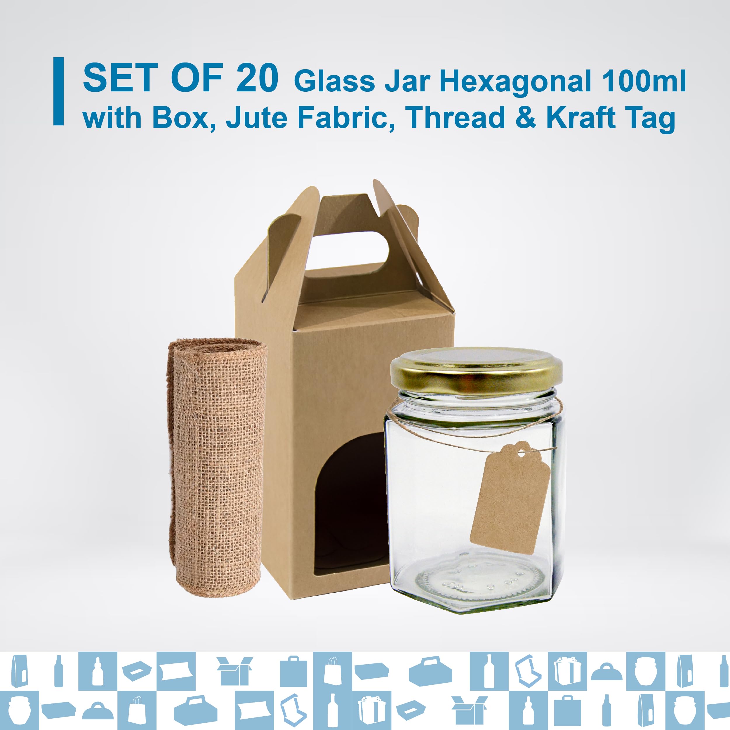 Espirito Rebelde 20 kleine sechseckige Honiggläser mit Deckel 100 ml + Box + Jutetuch + Kraftetiketten + Juteschnur | ideal für die Aufbewahrung von Honig