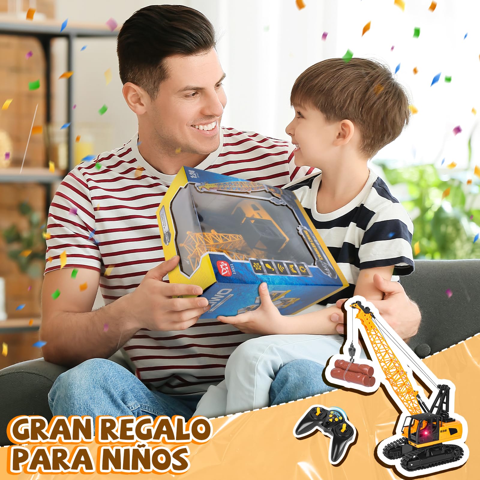 Charmofun Gruas de Juguete, Grua Teledirigida de 12 Canales, 2,4G Gruas de Juguete con Luces y Sonidos, Navidad Día del Niño Regalos de Cumpleaños para Niños