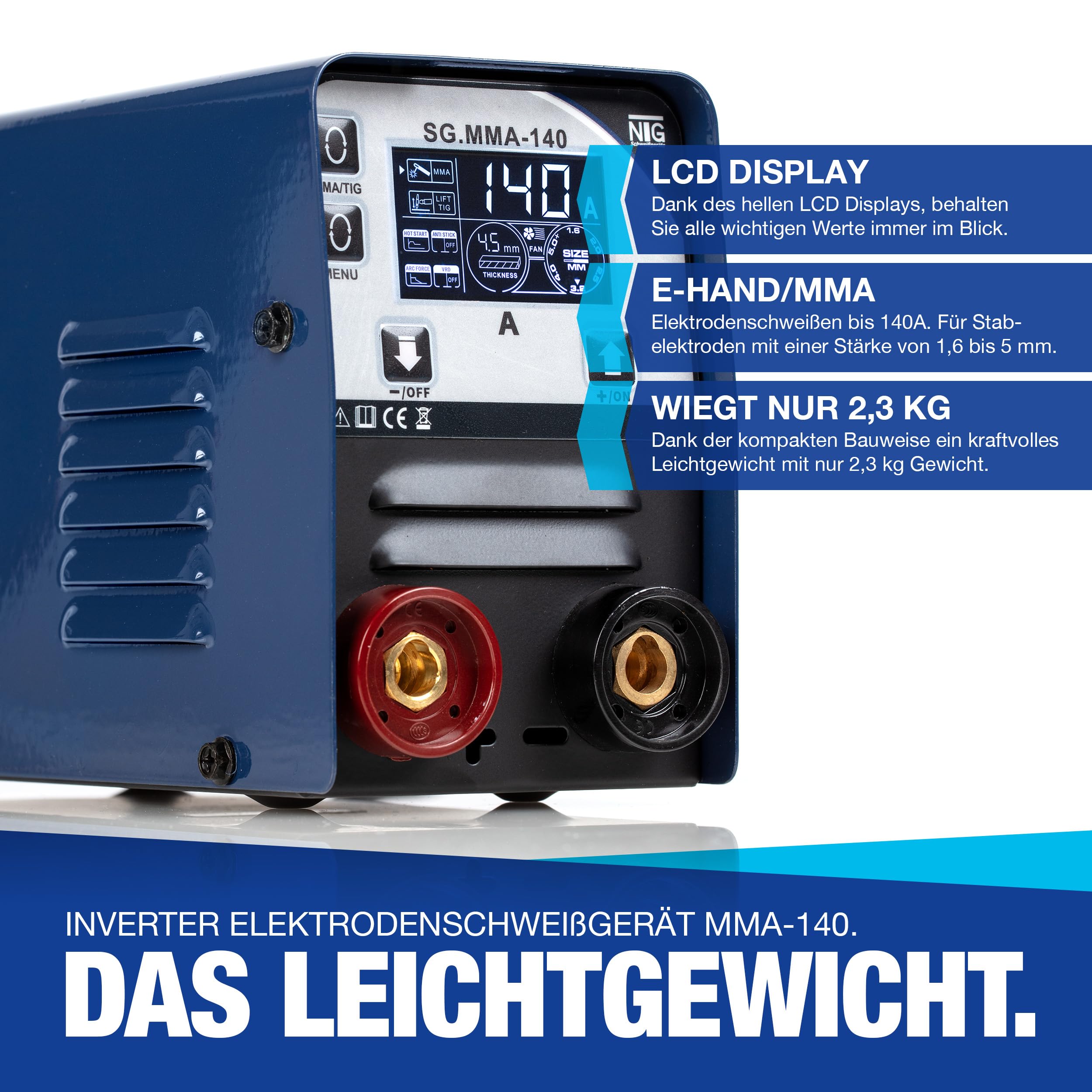 NTG Juego de electrodos de soldadura E-Hand MMA IGBT con pantalla digital de 140 amperios, tecnología IGBT, antiadherencia, arranque en caliente, fuerza de arco + escudo protector