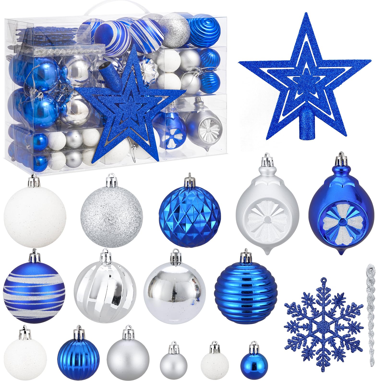 Juego de 100 bolas para árbol de Navidad con decoración, azul, plateado y blanco, inastillables, para colgar en el árbol de Navidad