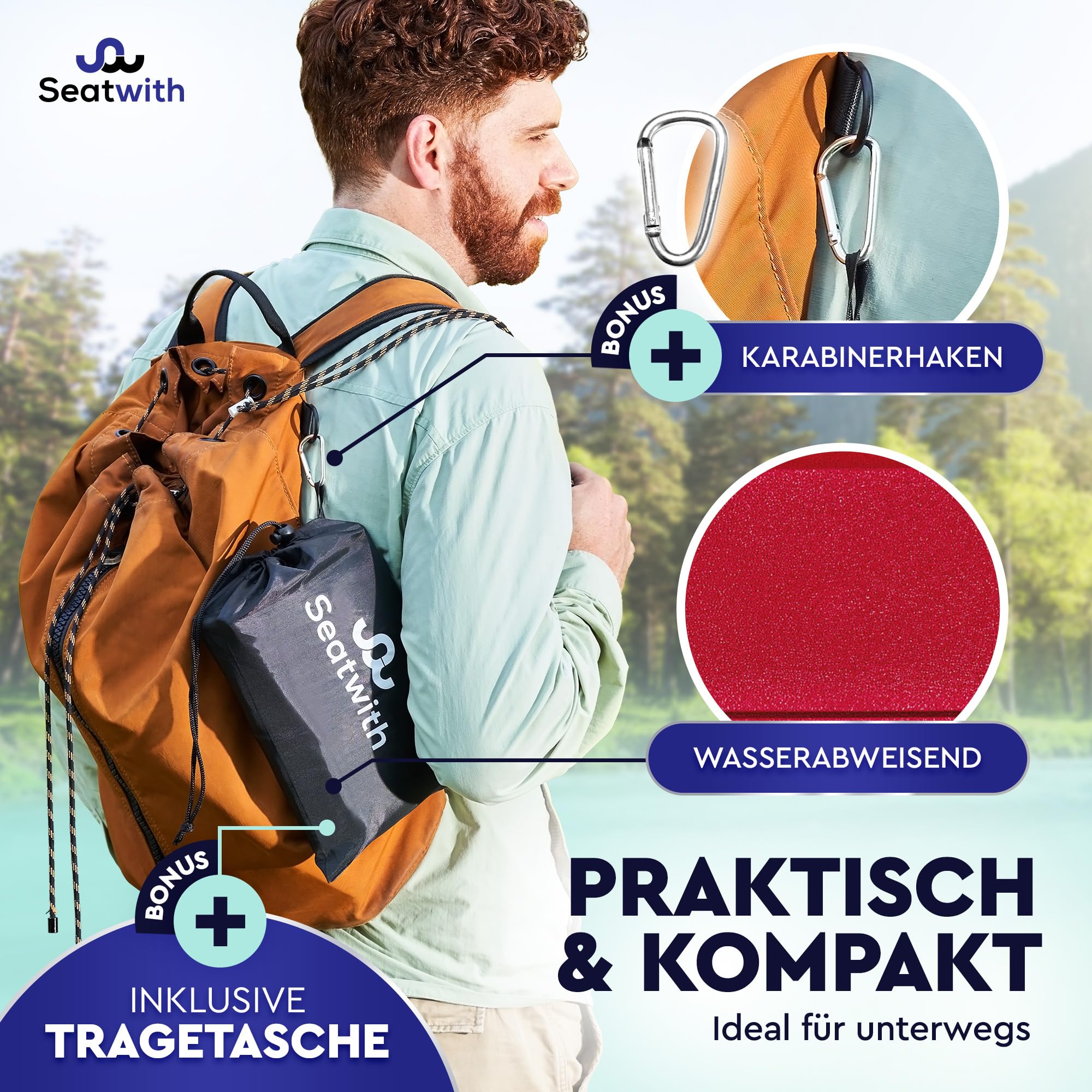 2er Set Outdoor Sitzmatte/Faltbares Iso-Thermo-Sitzkissen mit Tragetasche und Karabinerhacken für ideale Befestigung am Rucksack maximaler Schutz vor Kälte Nässe & Schmutz + Outdoor E-Book