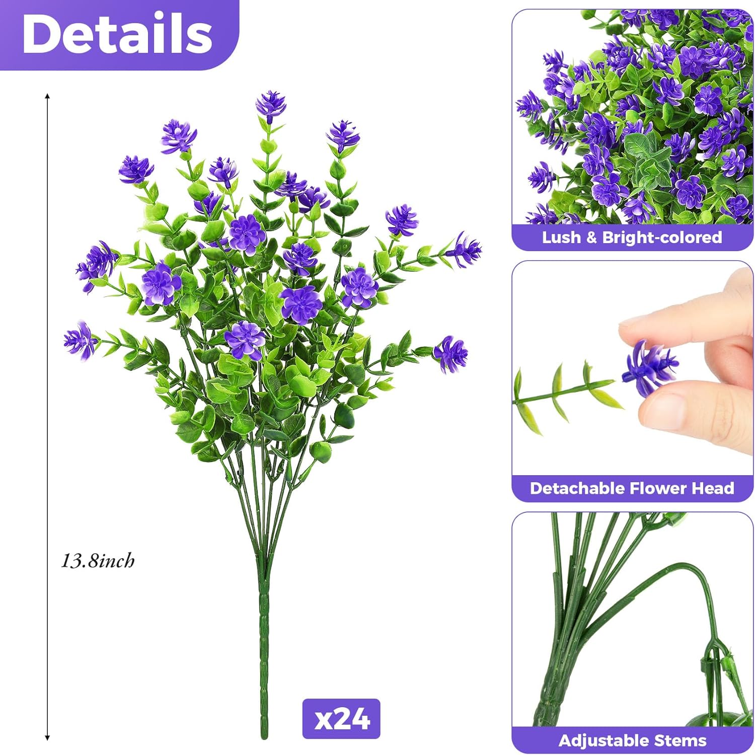 Roberly 24 Bundles Artificial Flowers for Outdoors, UV Resistant Eucalyptus Fake Flowers Shrubs Greenery Plastic Plants for Garden Porch Window Box Farmhouse Indoor Home Decor, Purple