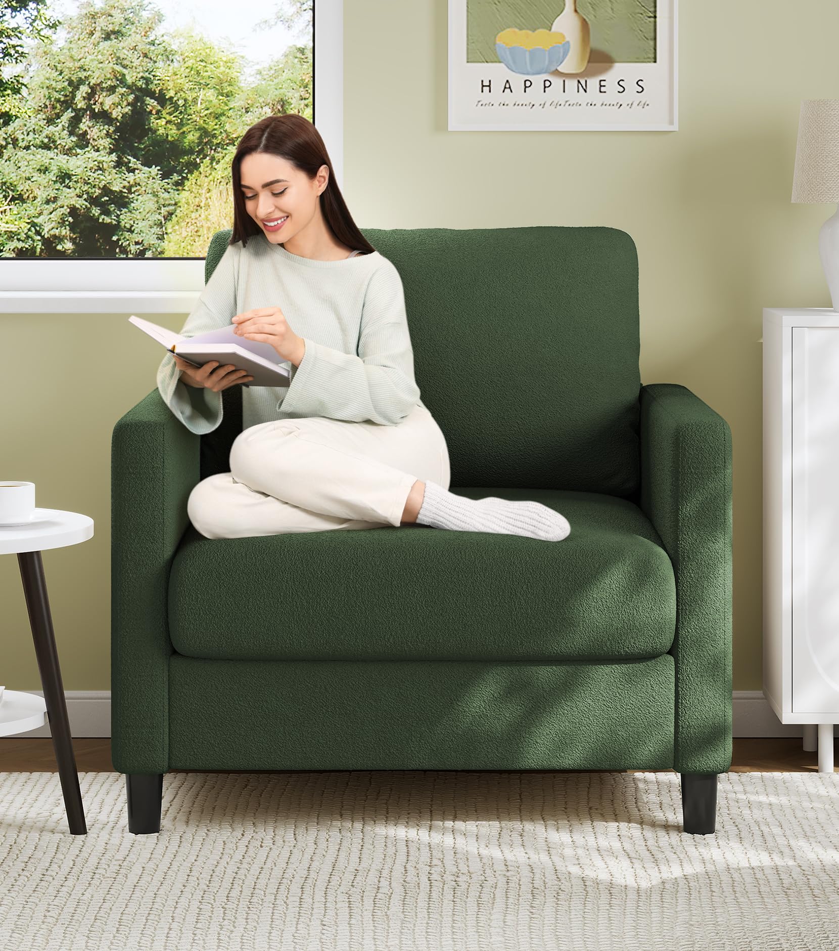 Welzona Living Room Armchair, 84 cm Accent Chair, Comfortable, Tool-Free Furnishing, Lounge Chairs, Full Wood Bedroom Reading Chair, Teddy Mini Couch, Sofa, Small for Teenager's Room, Green — image 1