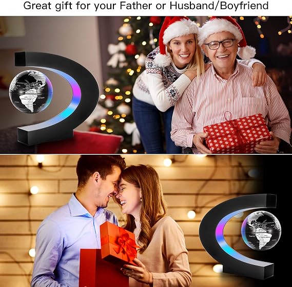 Gresus Magnetic Levitation Floating World Map Globe, C Shape Base with LED Lights, Great Fathers Students Teacher Business Boyfriend Birthday Gift for Desk Decoration (Black) (Globe doesn't light up)