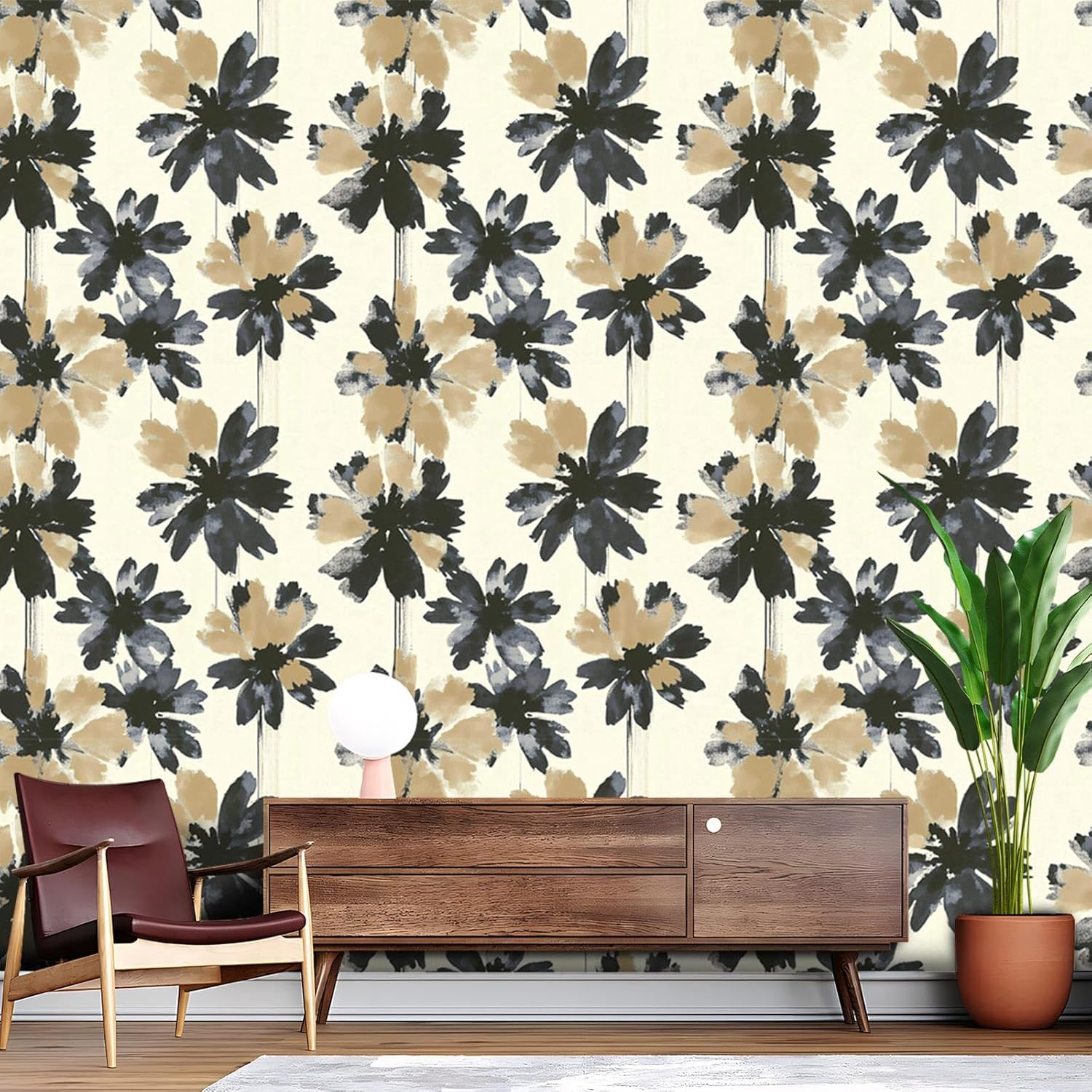Modern Abstract Floral Peel and Stick Wallpaper – Black and Beige Flower Wallpaper for Home Decor | Self Adhesive Vinyl, 17.7" x 236"