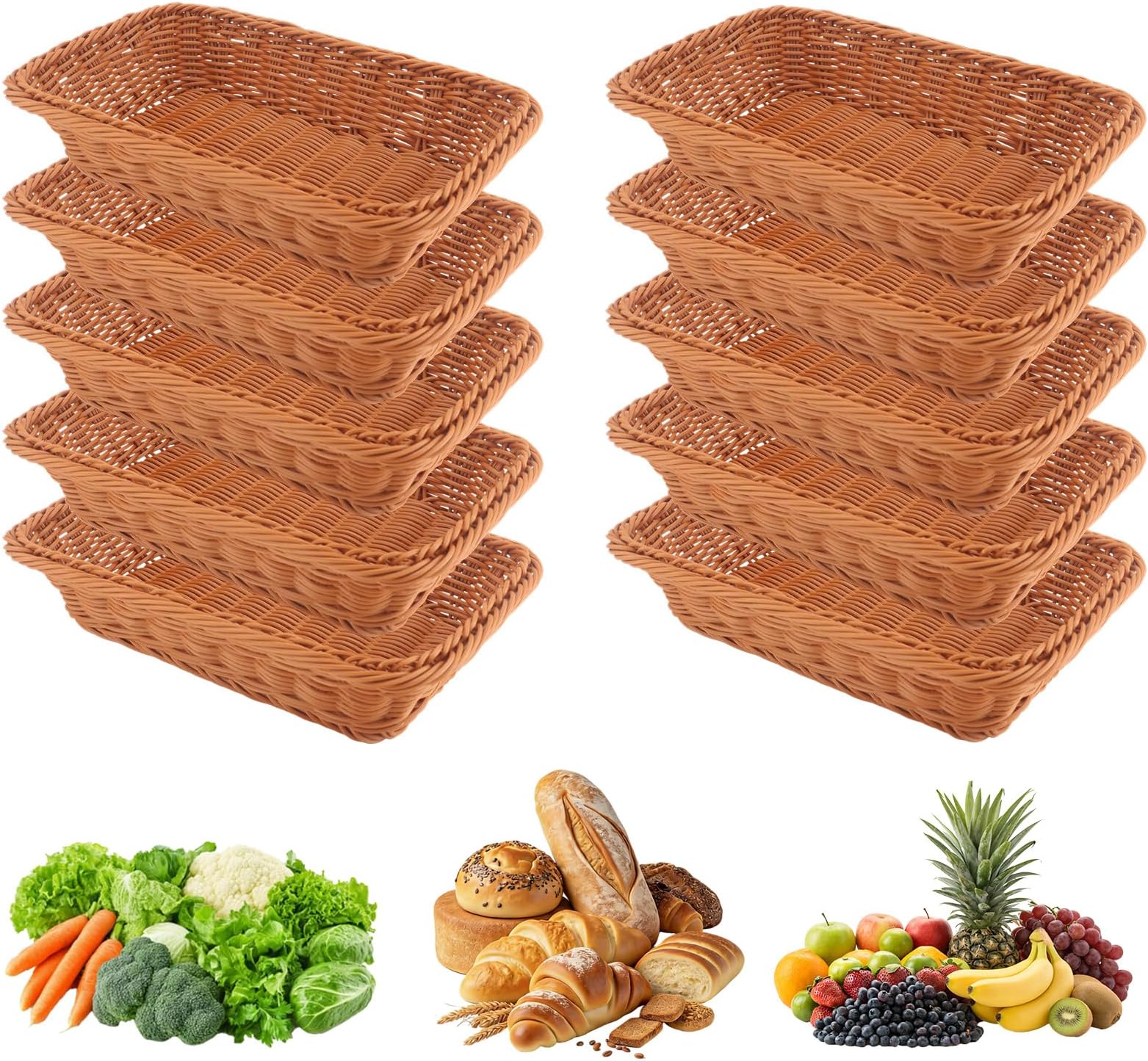 10 Pack Poly Wicker Bread Baskets for Serving, 11.7 Inch Imitation Rattan Food Baskets for Bread, Fruit & Vegetables, Tray-Style Serving Baskets for Kitchen, Restaurant & Buffet Display