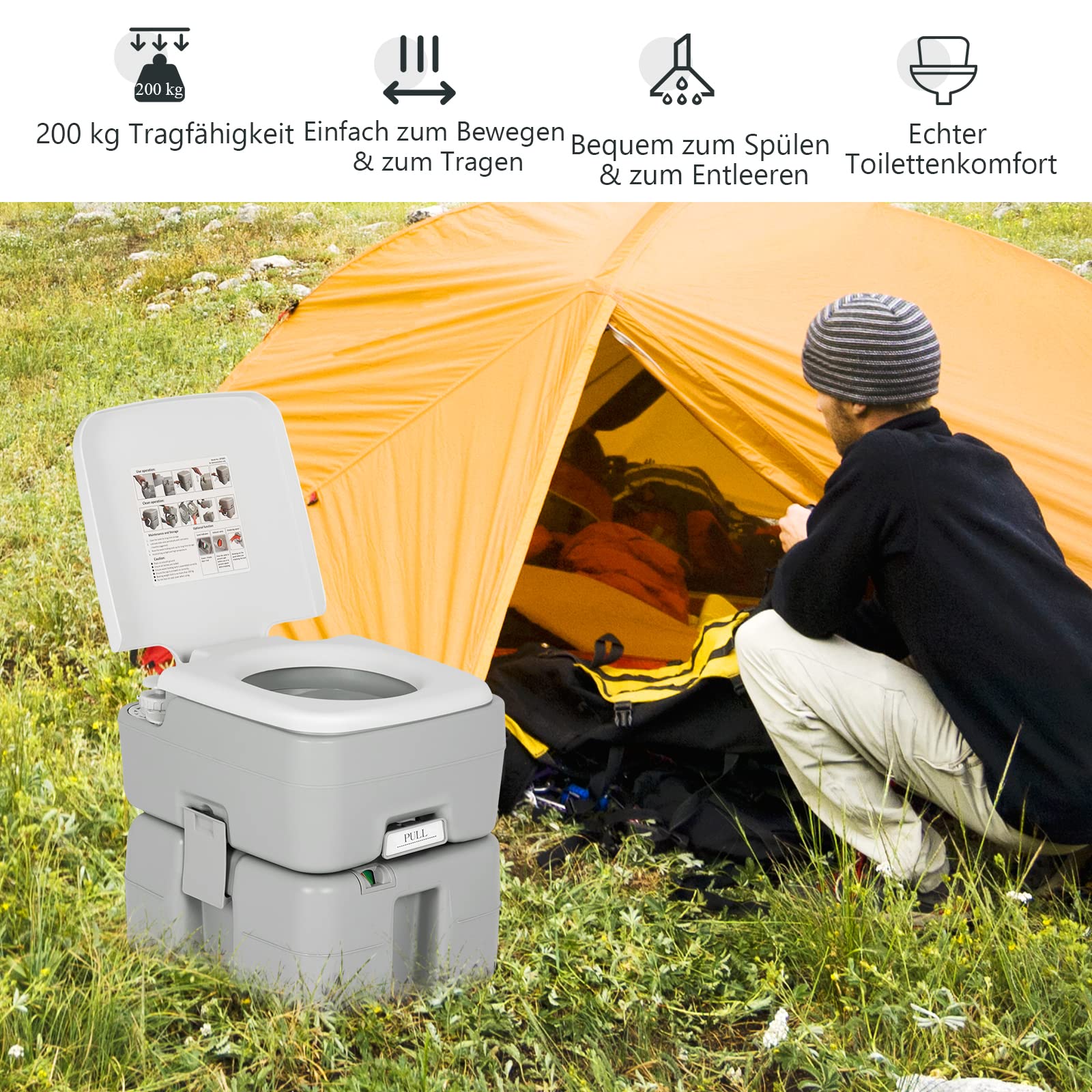 COSTWAY 20+10L Campingtoilette mit abnehmbarem Abwassertank & Wasserstandsanzeige, Campingklo tragbar, Reisetoilette bis 200 kg belastbar, Mobile Toilette für Reise, Camping und Wohnmobil