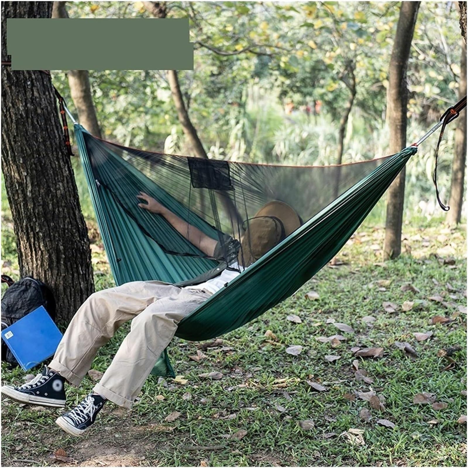 Camping Hamaca para Acampar De 290x140 Cm con Red, Hamacas Ligeras Portátiles Viaje Correas para Árboles Y Mosquetones Hamaca Portátil(Grün)