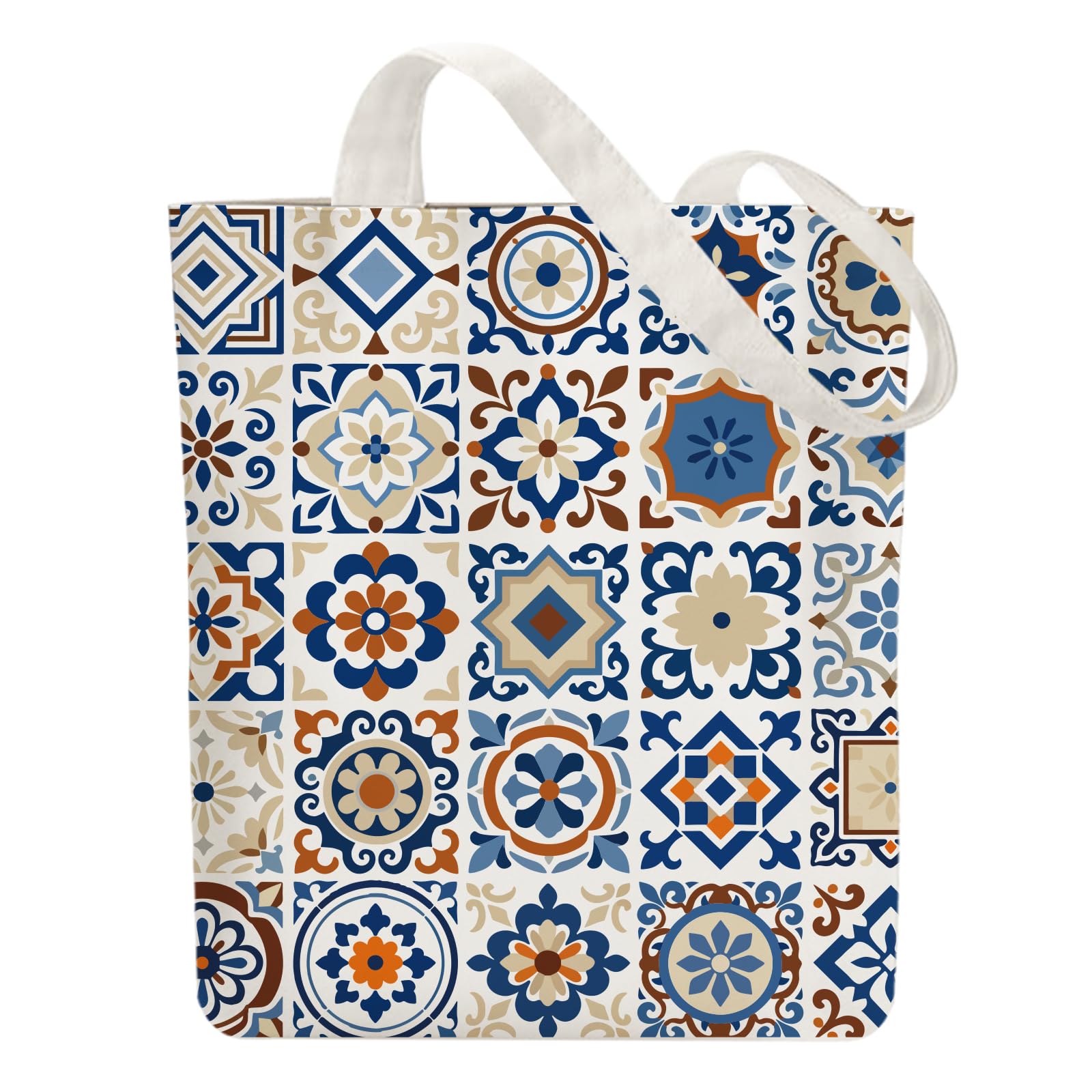 ANATTASOUL Canvas Tote Bag Moroccan Tile Patterns Reusable Cotton Bag for Women, 15.74"x14.96" Durable and Foldable Cloth Shoulder Bags with Zip Pockets for Shopping, Vacation, Work, Gym, Gifts